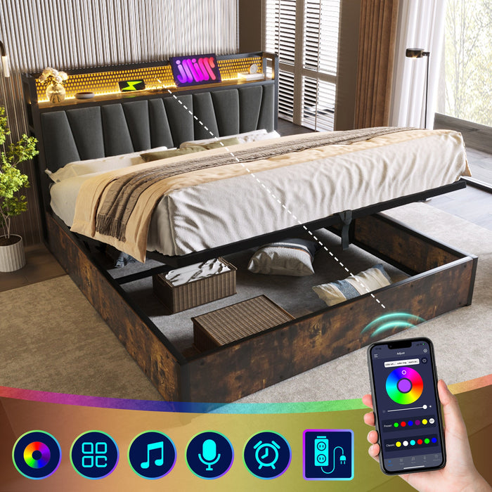 Upholstered Metal Bed with LED App Control, USB Charging and Headboard, 180x200cm, Grey