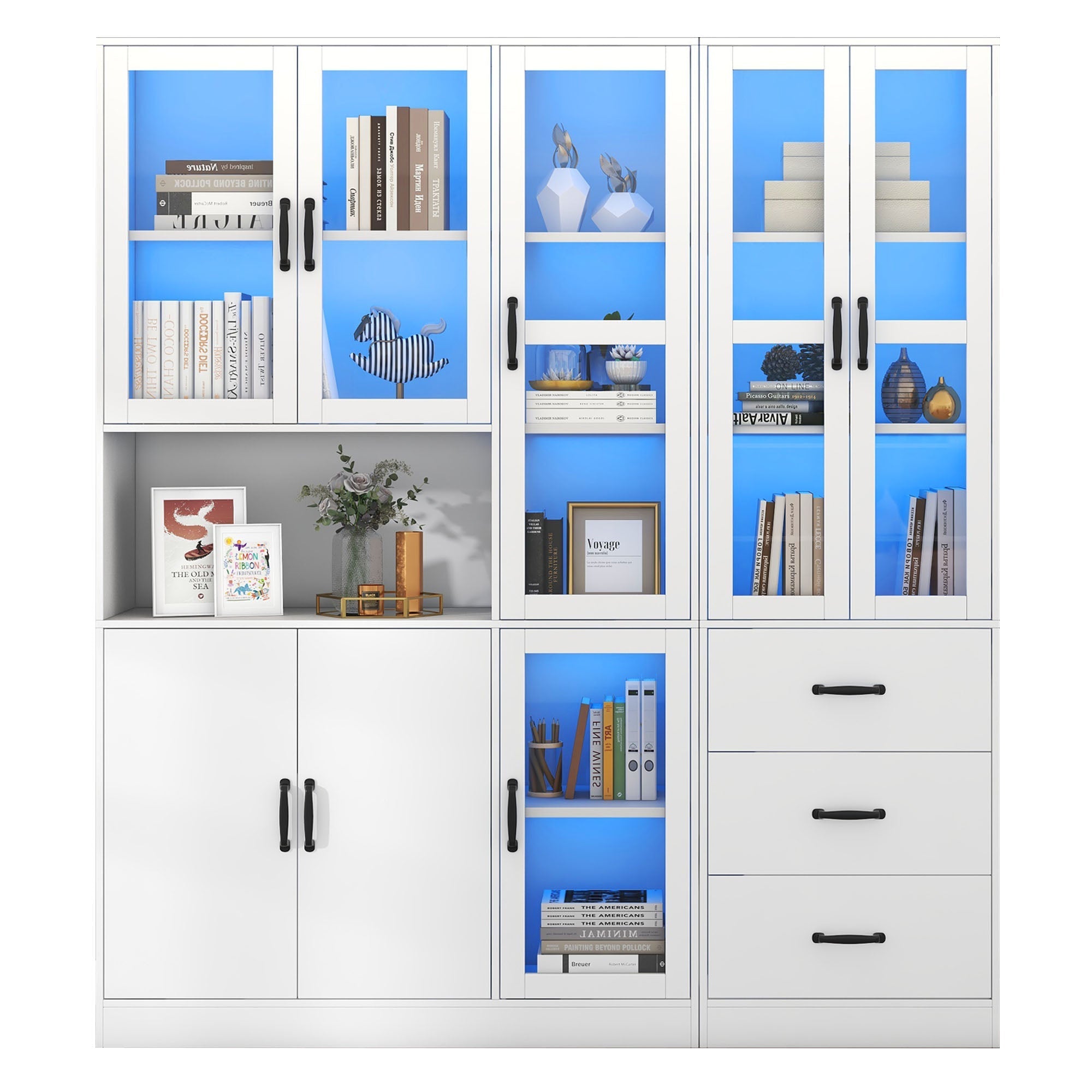 Display Cabinet Set, Modern Combination with LED Lighting, 8 Doors, 3 Drawers, White