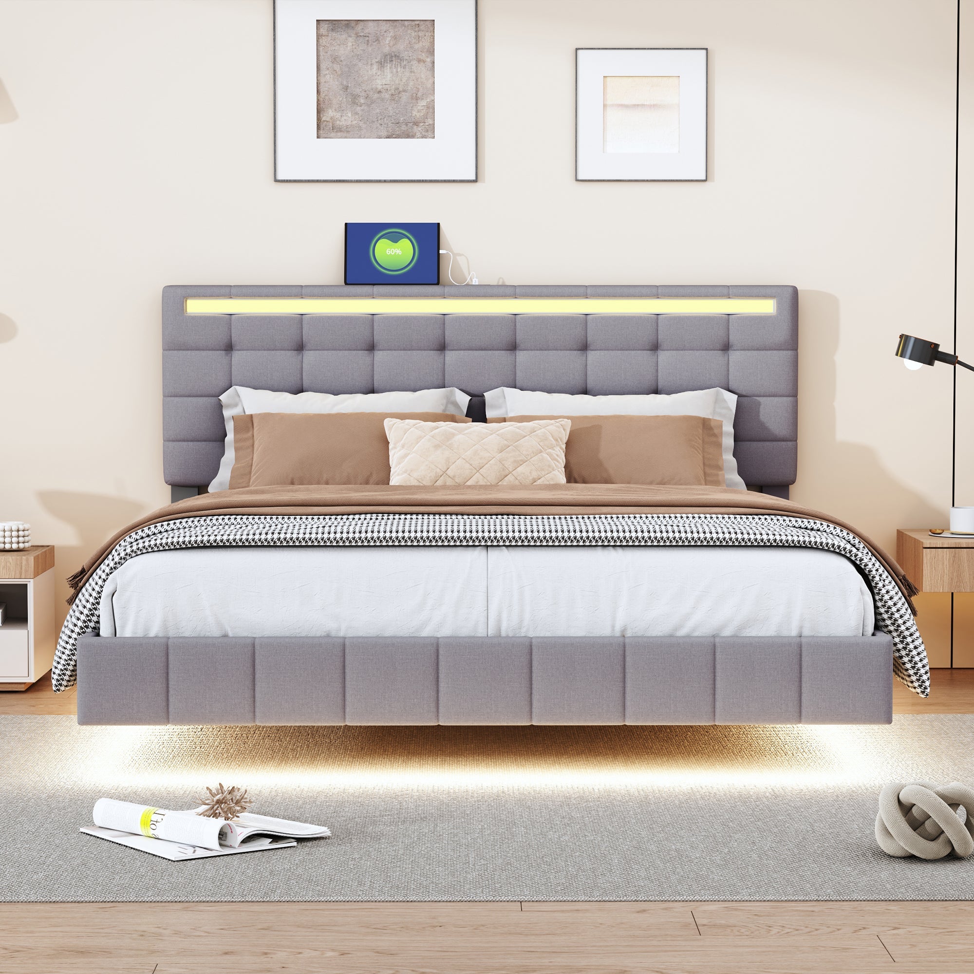 Upholstered Bed, 160x200cm Floating Frame with LED & Headboard, Linen Grey