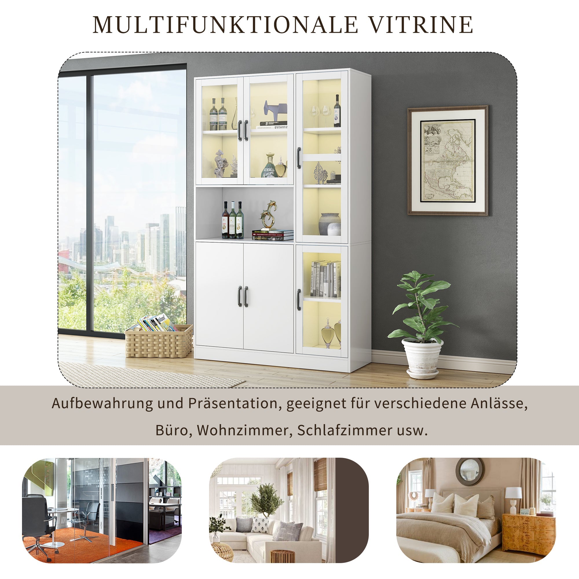 Display Cabinet Bookcase, LED Light, White