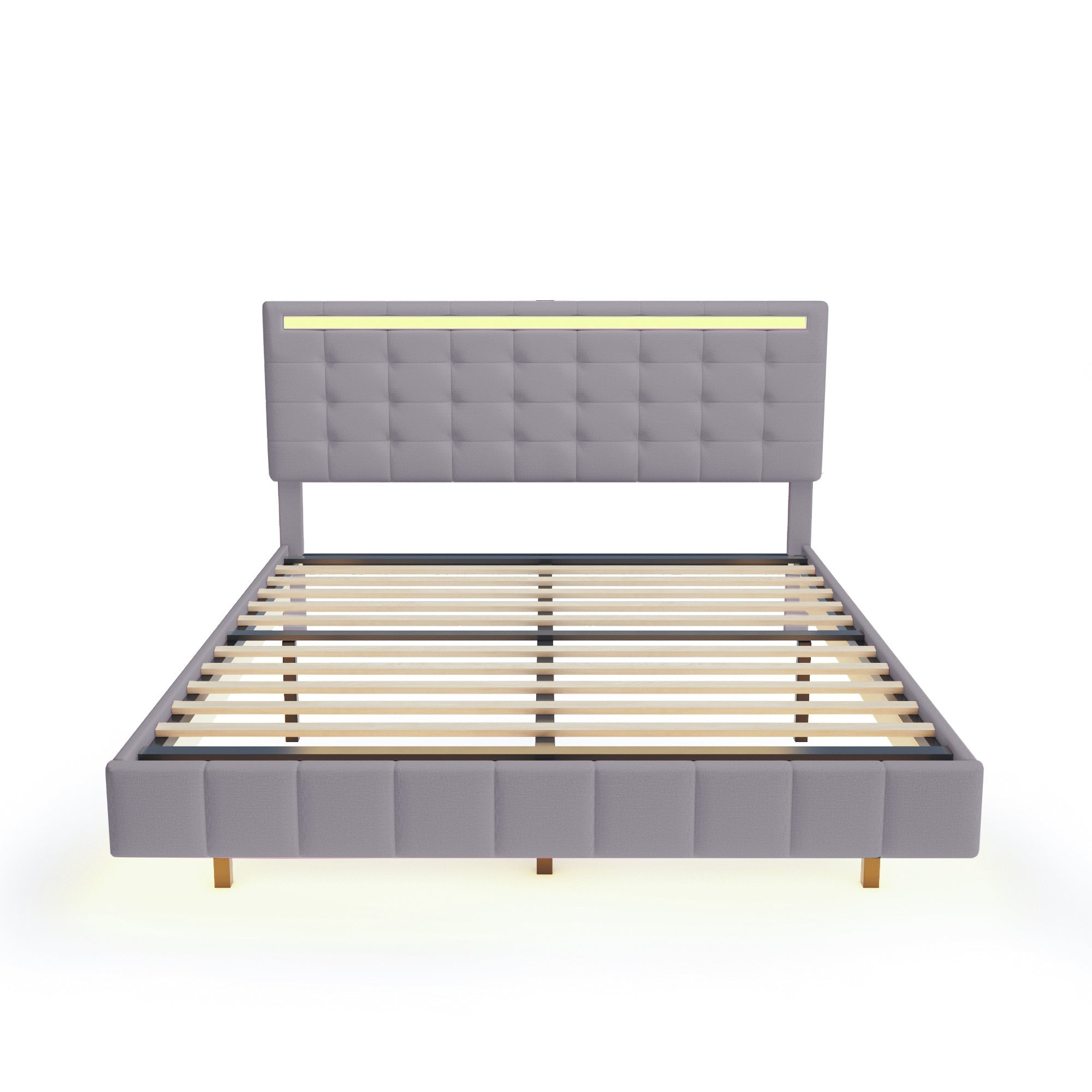 Upholstered Bed, 160x200cm Floating Frame with LED & Headboard, Linen Grey