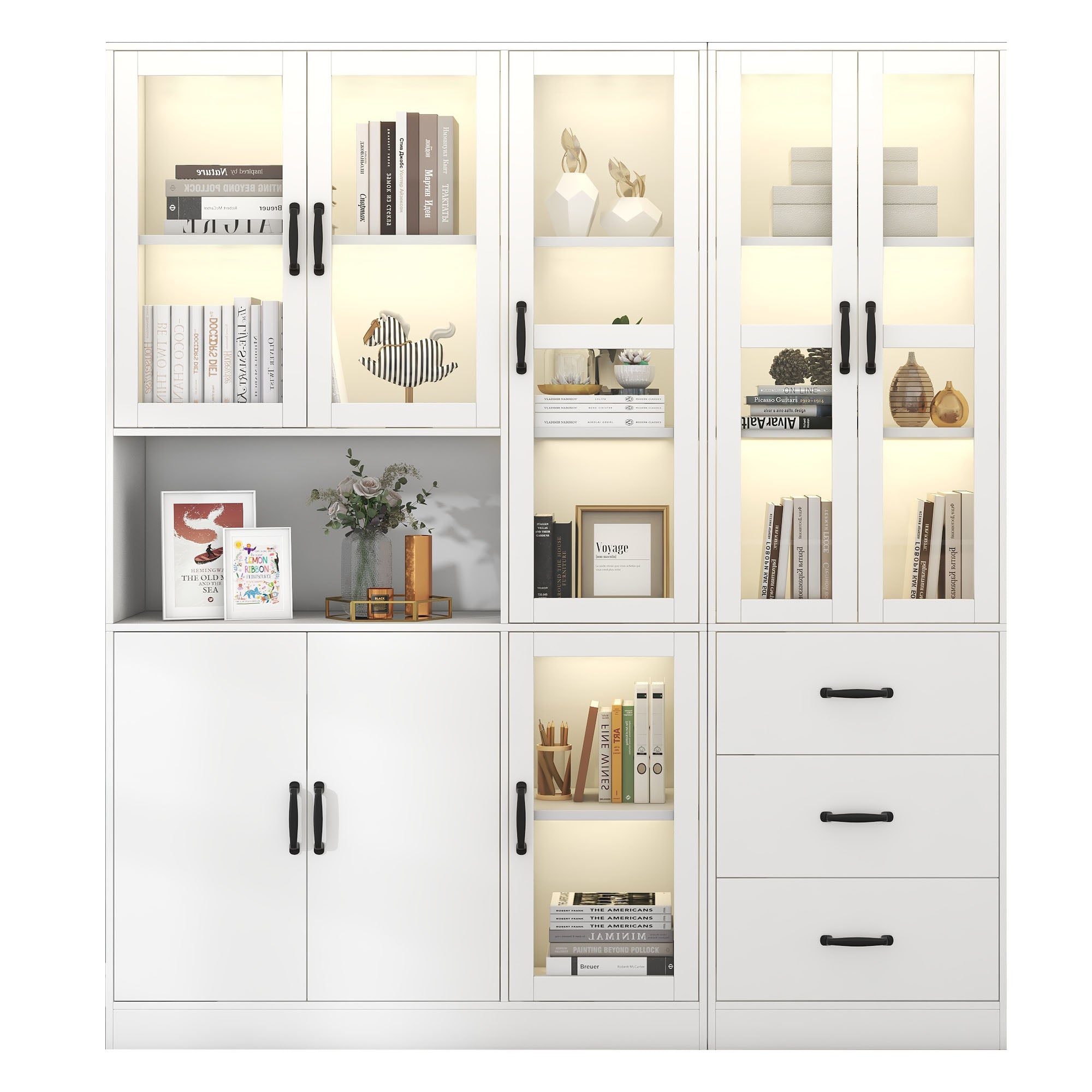 Display Cabinet Set, Modern Combination with LED Lighting, 8 Doors, 3 Drawers, White