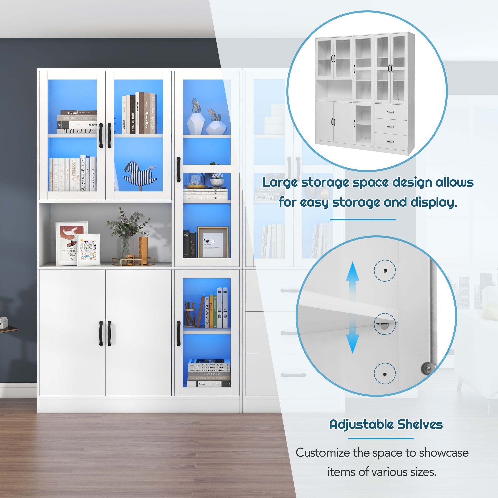 Display Cabinet Set, Modern Combination with LED Lighting, 8 Doors, 3 Drawers, White