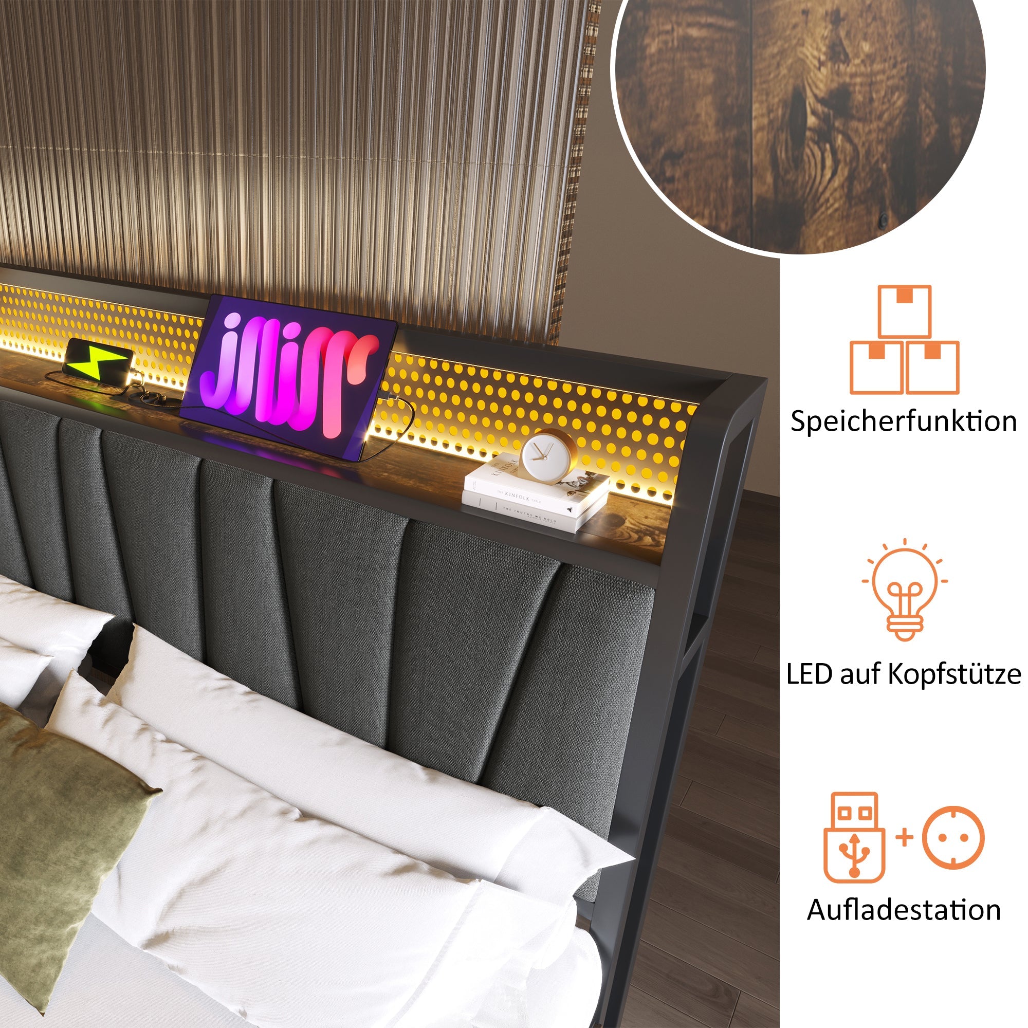 Upholstered Metal Bed with LED App Control, USB Charging and Headboard, 180x200cm, Grey