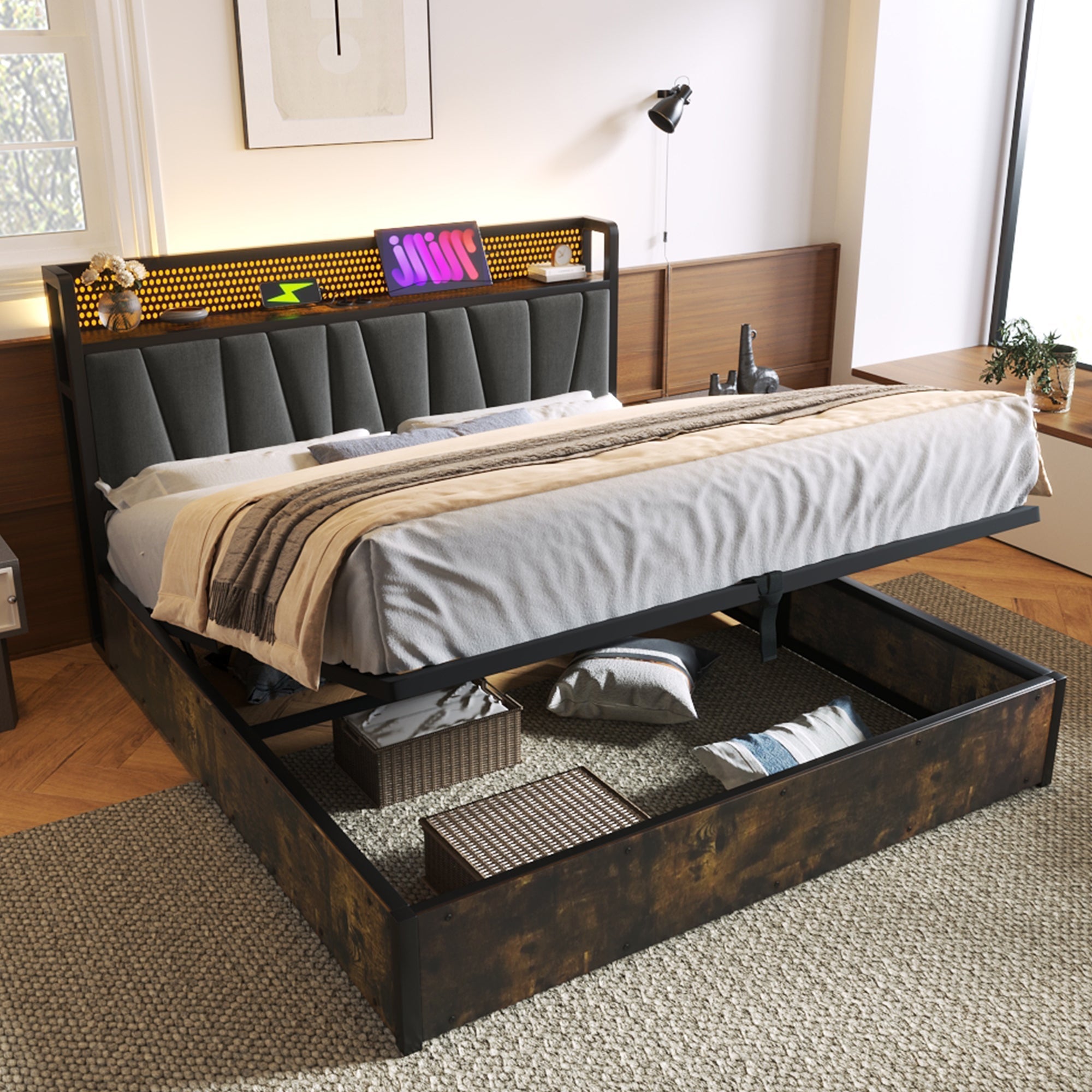 Upholstered Metal Bed, LED App-Control, USB Charging, Headboard & Lighting, Gray