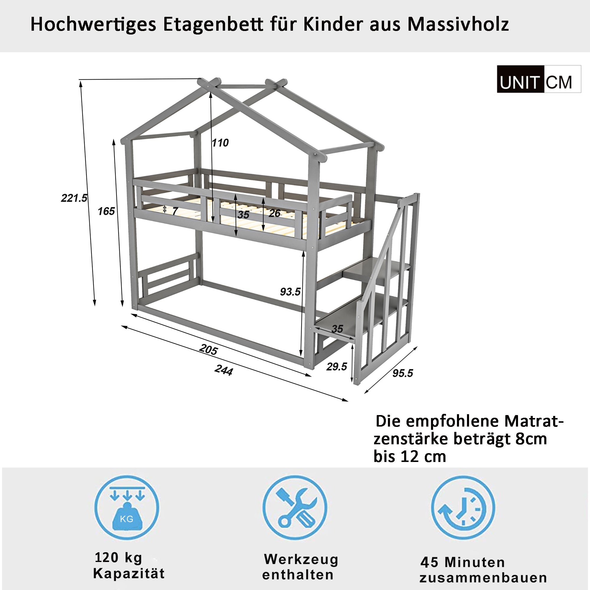 Children's Bed 90x200cm, Low Bunk Bed with Safety Stairs, Solid Wood, Grey