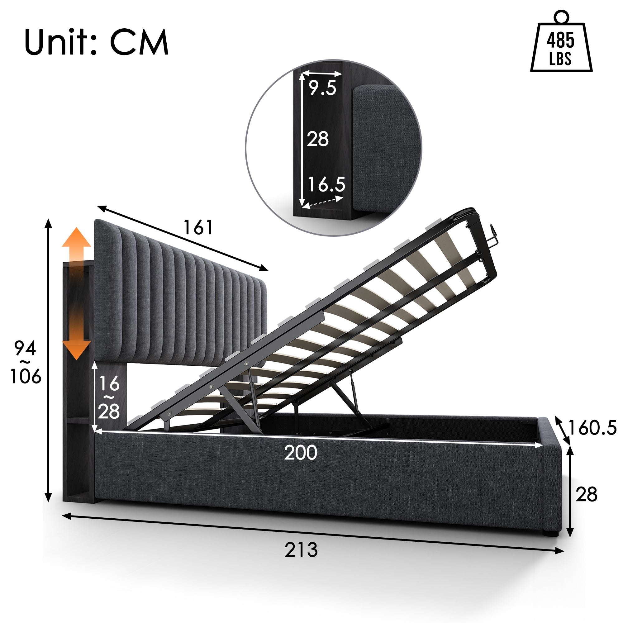 Upholstered Bed, Double, LED App-Control, USB-C Charging, Storage, Adjustable Headboard, Wood, Gray