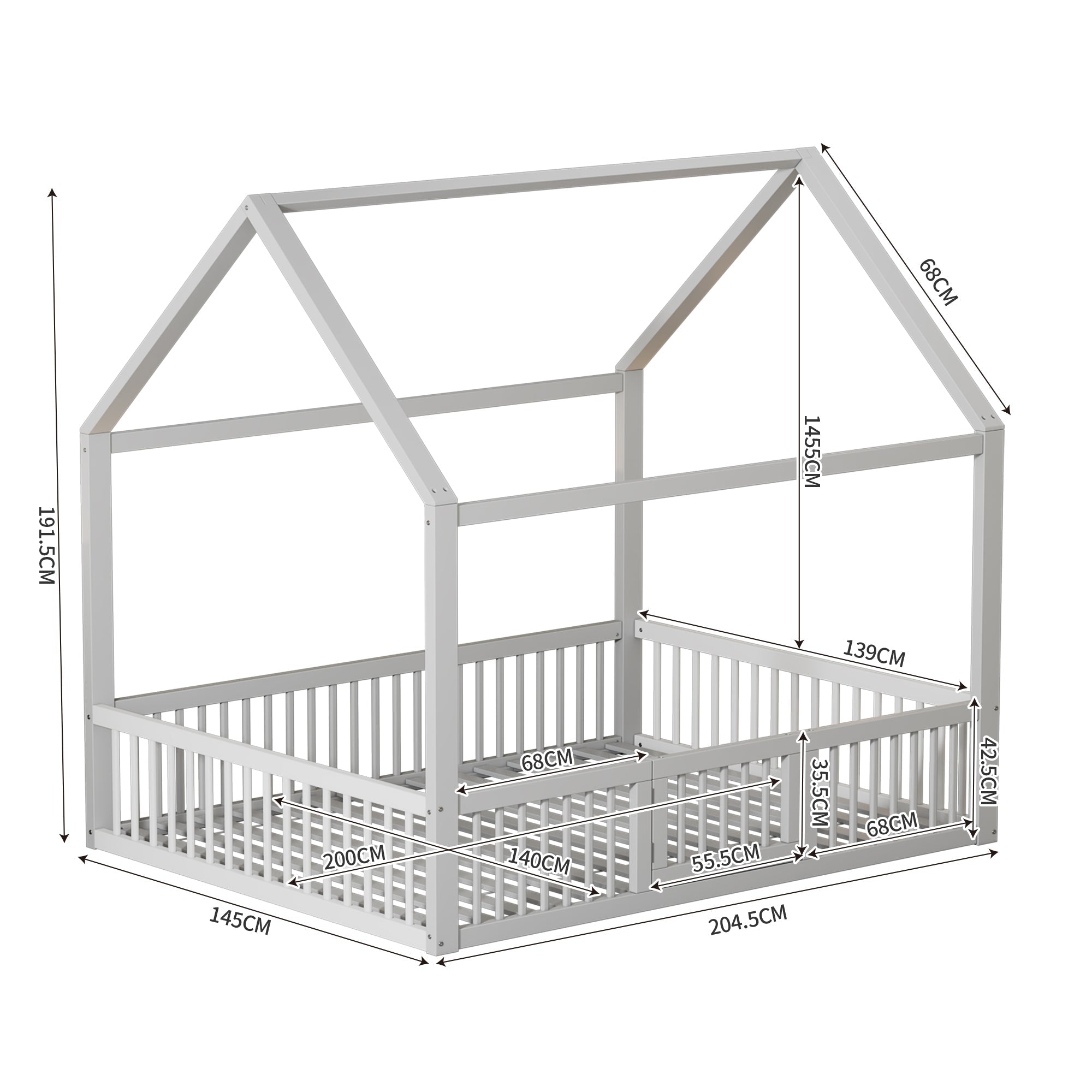 House Bed 140x200cm Double with Door - Solid Wood White