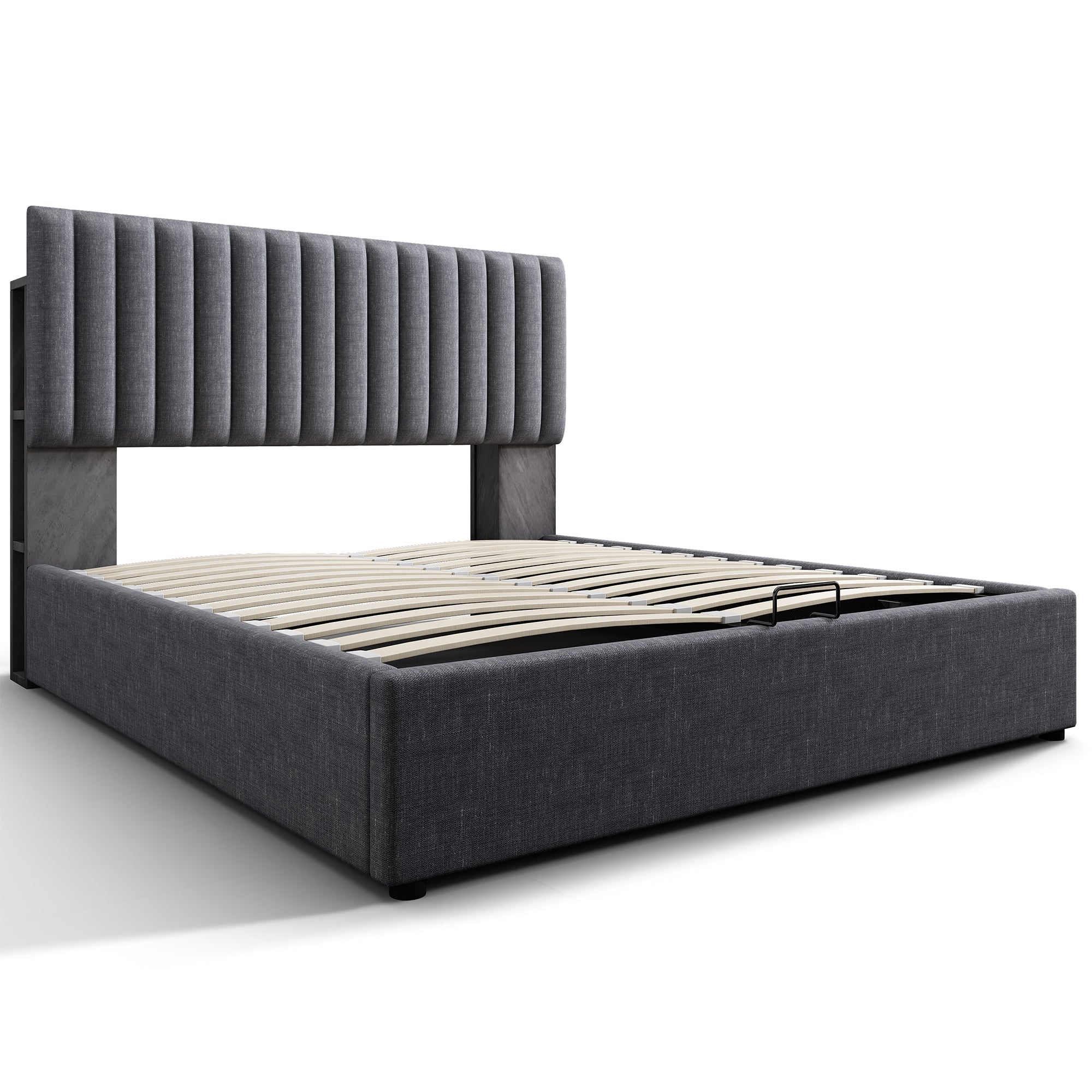 Upholstered Bed, Double with LED, USB & Type C Charging, Storage, Adjustable Headboard, 160x200cm, Gray