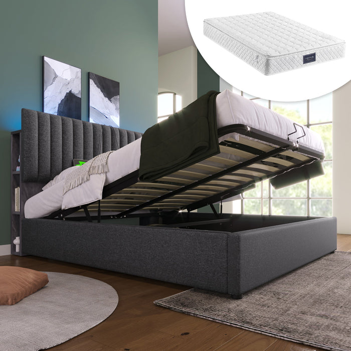 Upholstered Bed LED Storage USB 140x200cm Grey