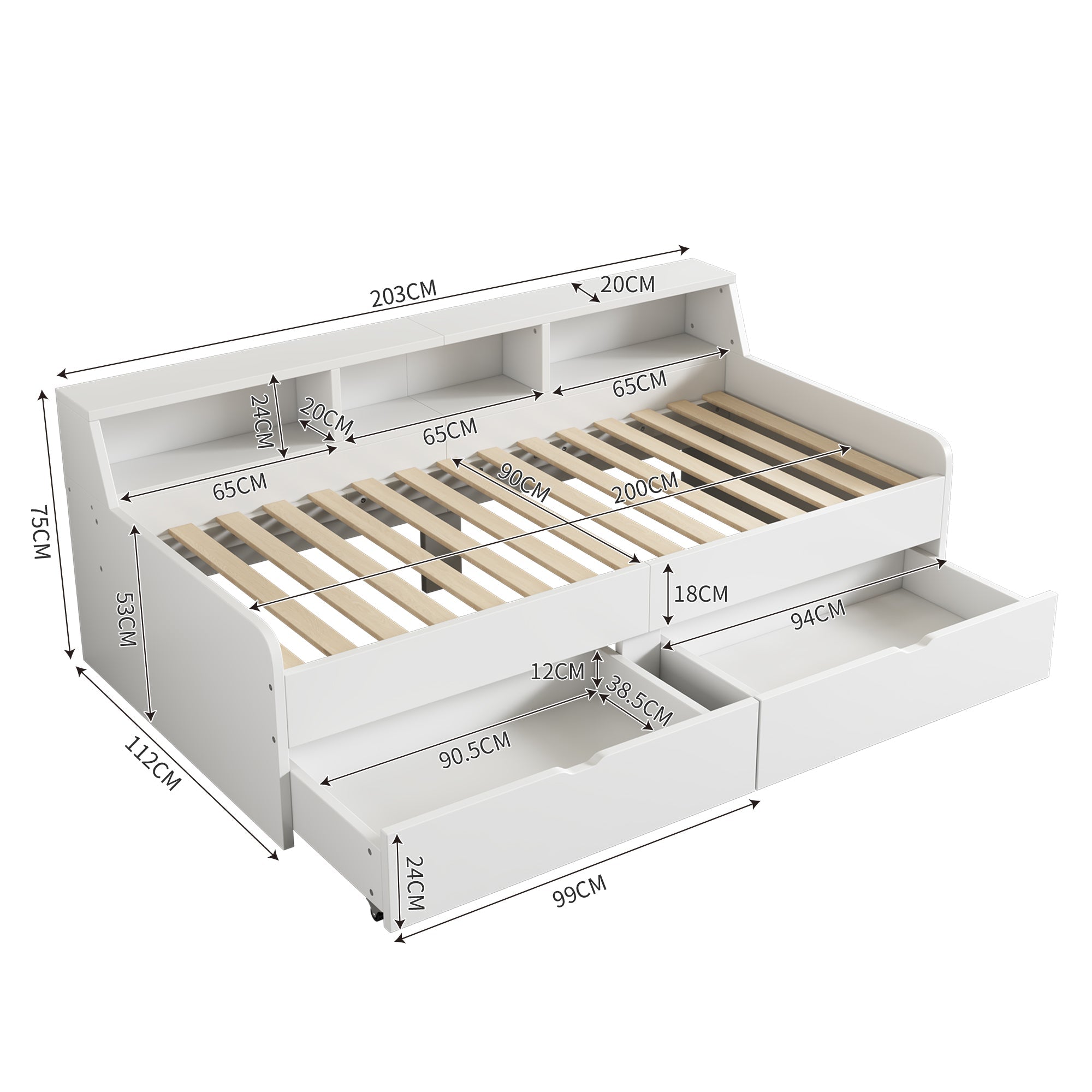 Daybed 90x200cm Single 2 Drawers Storage - White