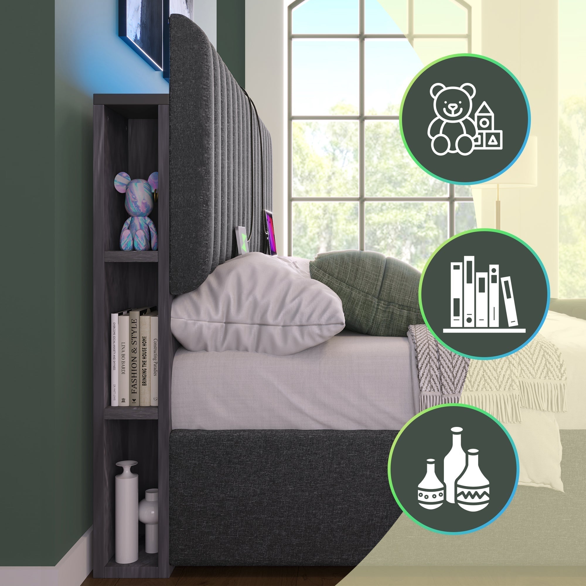 Upholstered Bed LED Storage USB 140x200cm Grey