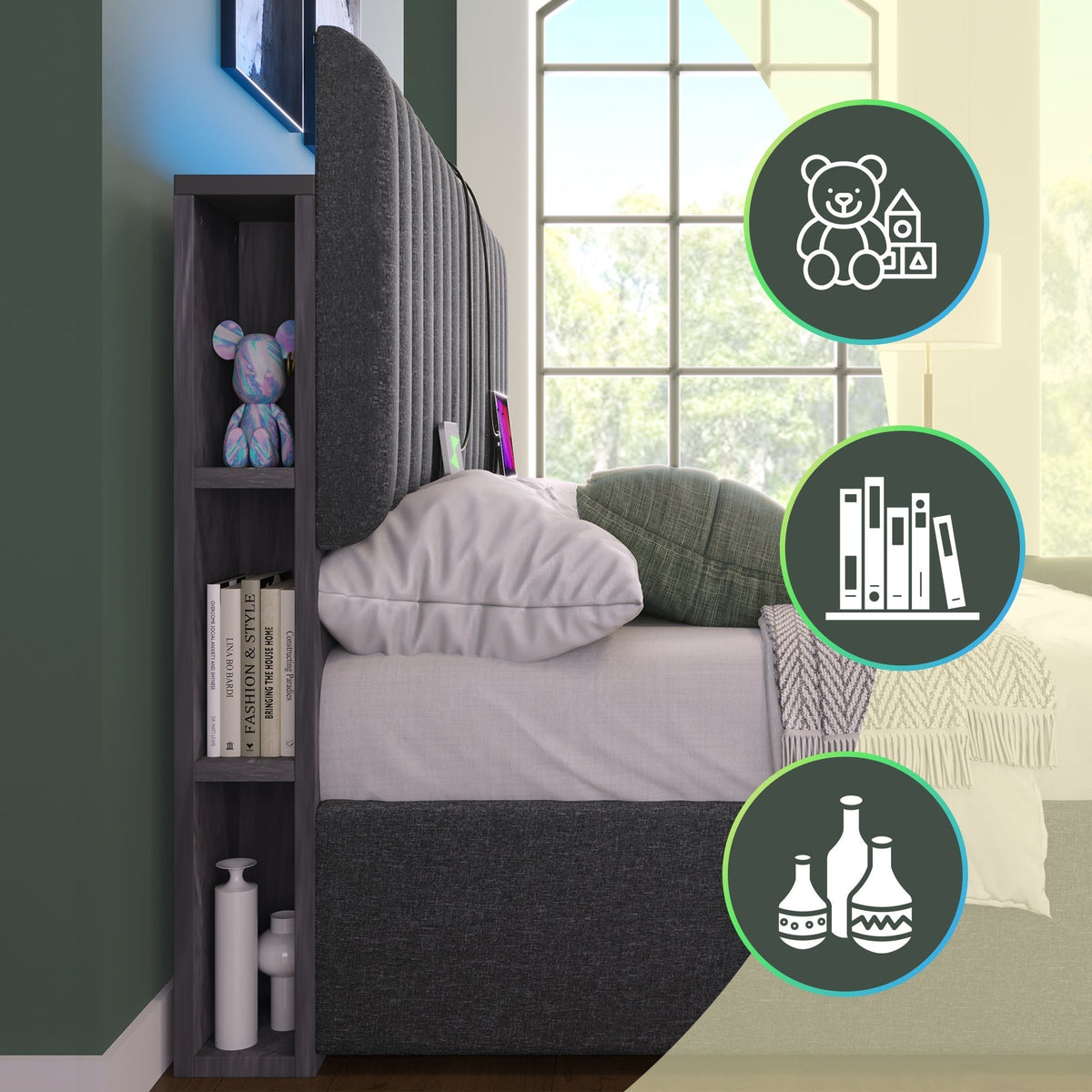 Upholstered Bed Double Storage LED App-Control USB Adjustable Headboard 140x200cm, Grey