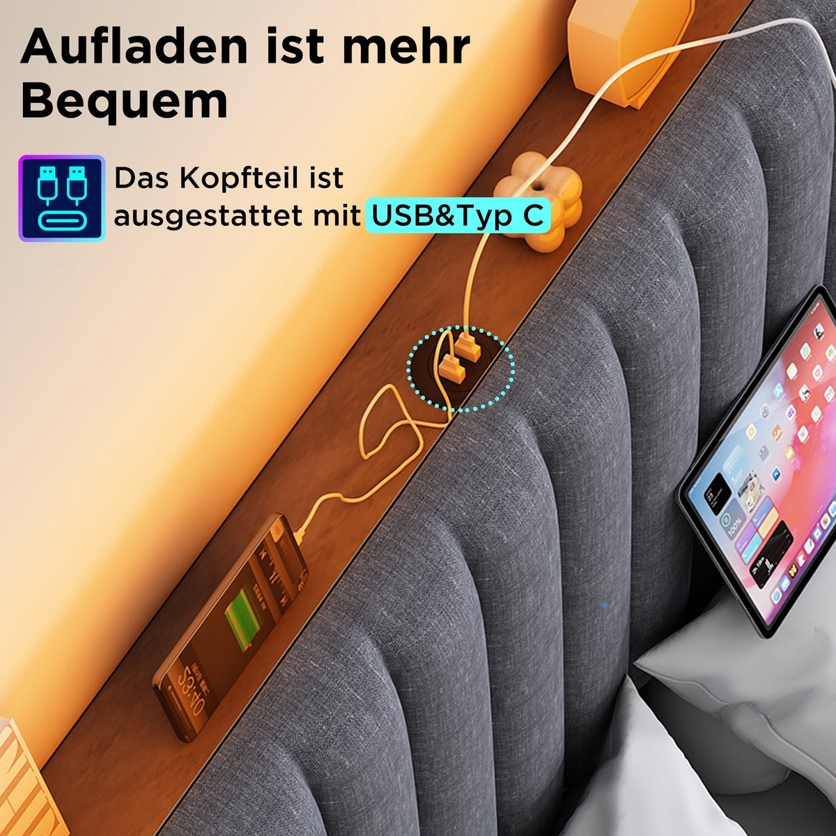 Upholstered Bed LED Storage USB 140x200cm Grey