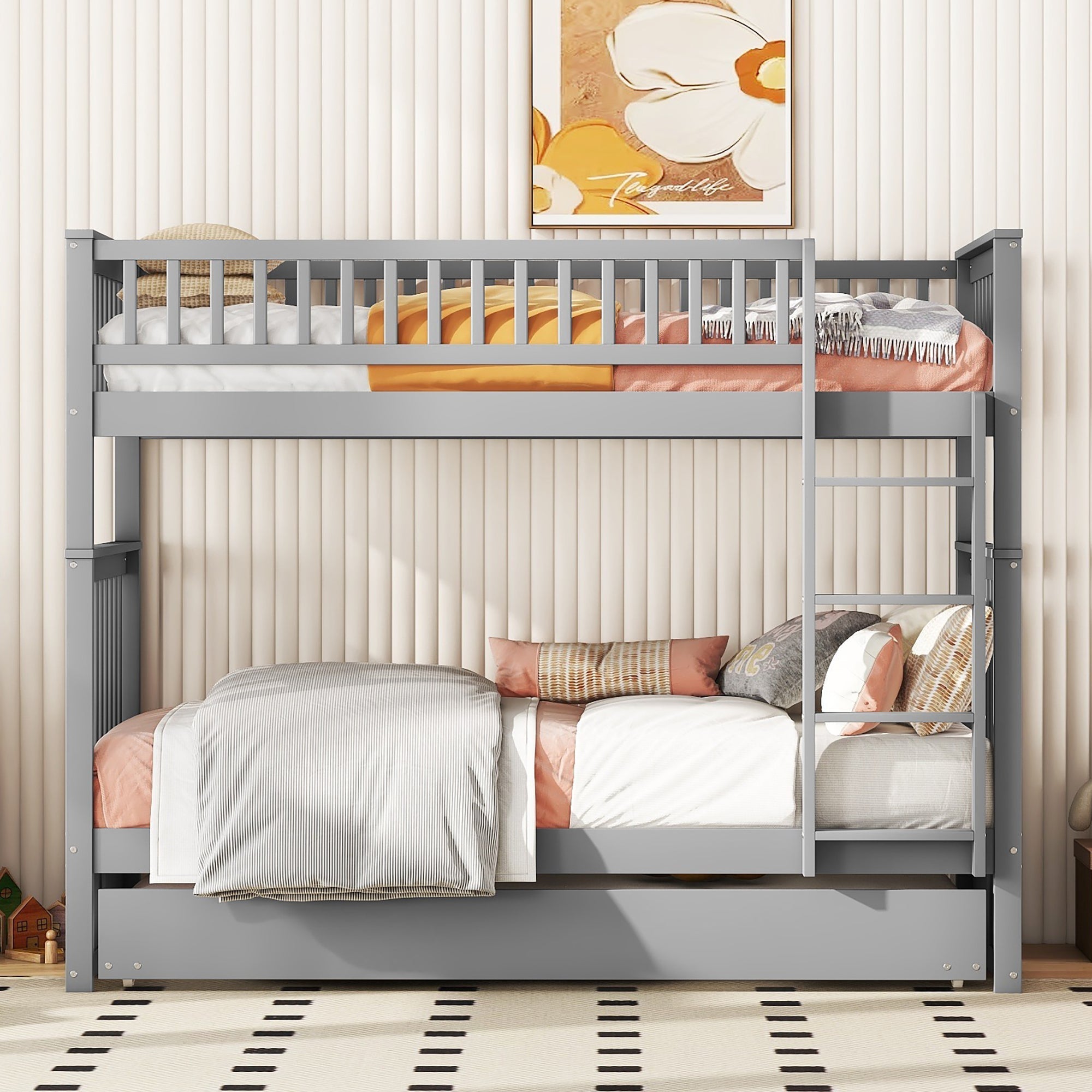 Bunk Bed Triple 90x200cm Pull-Out Bed Sturdy Stairs - Grey
