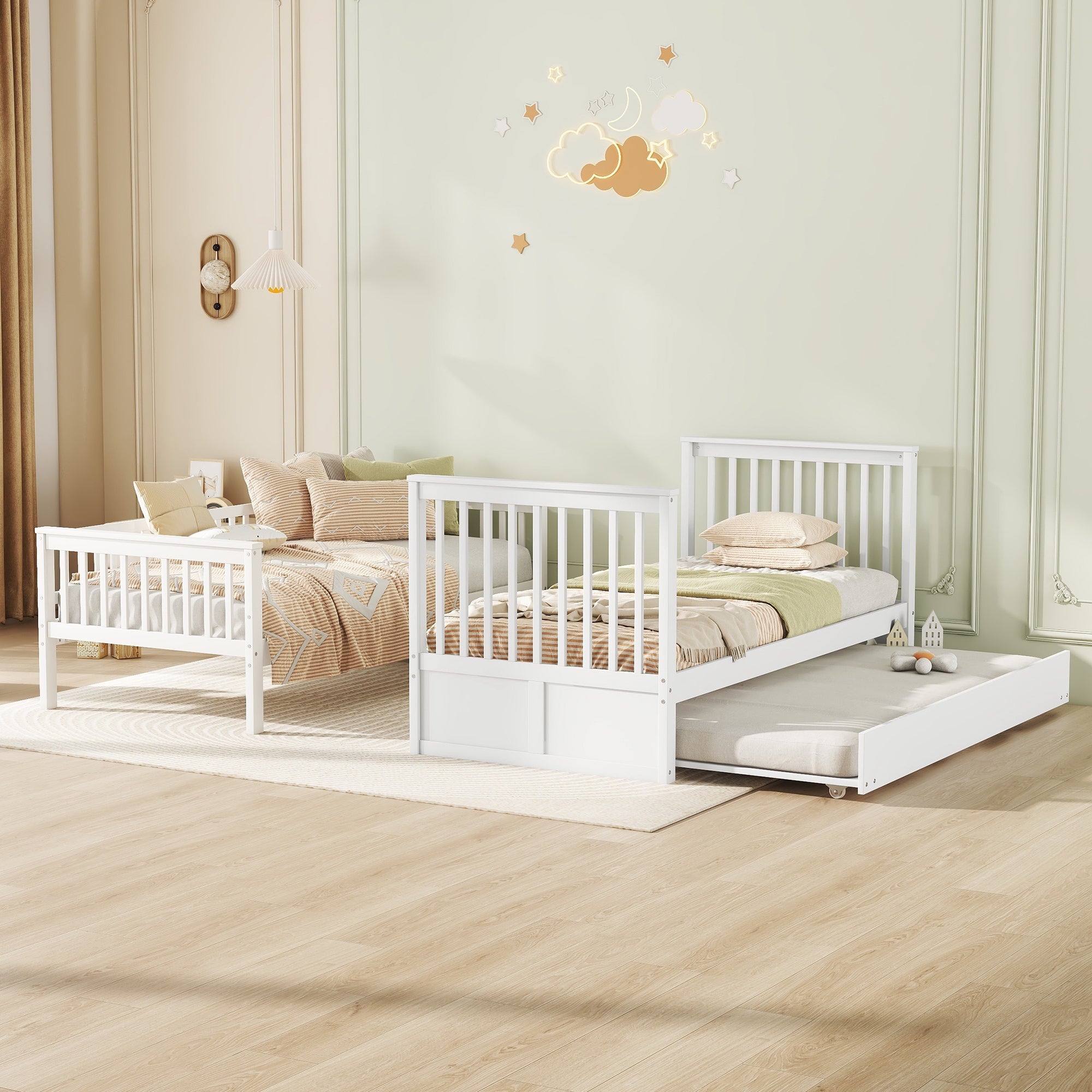 Triple Bunk Bed 90x200cm with Pull-Out Bed High Railings Sturdy Staircase White