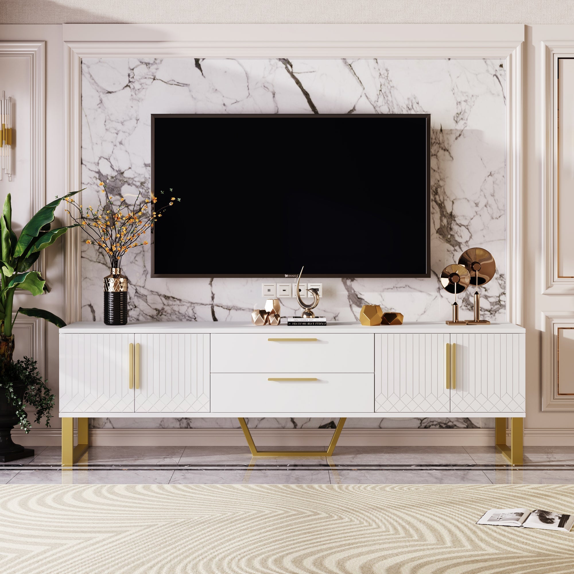 TV Cabinet, High-Gloss with Golden Handles & Engraved Door, Living Room Storage Solution