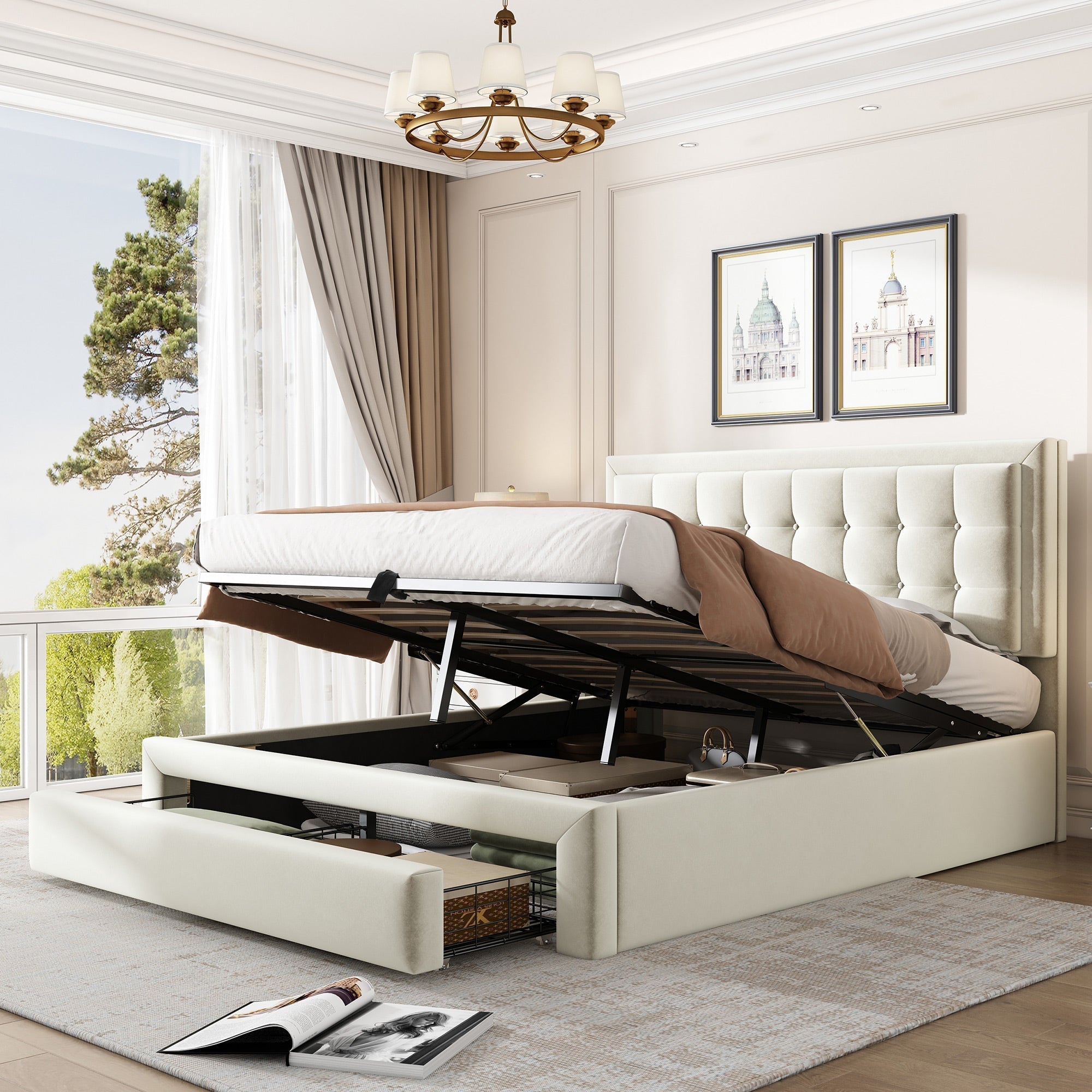 Upholstered Double Bed 140x200cm Hydraulic Storage Headboard 2 Drawers - Velvet Beige