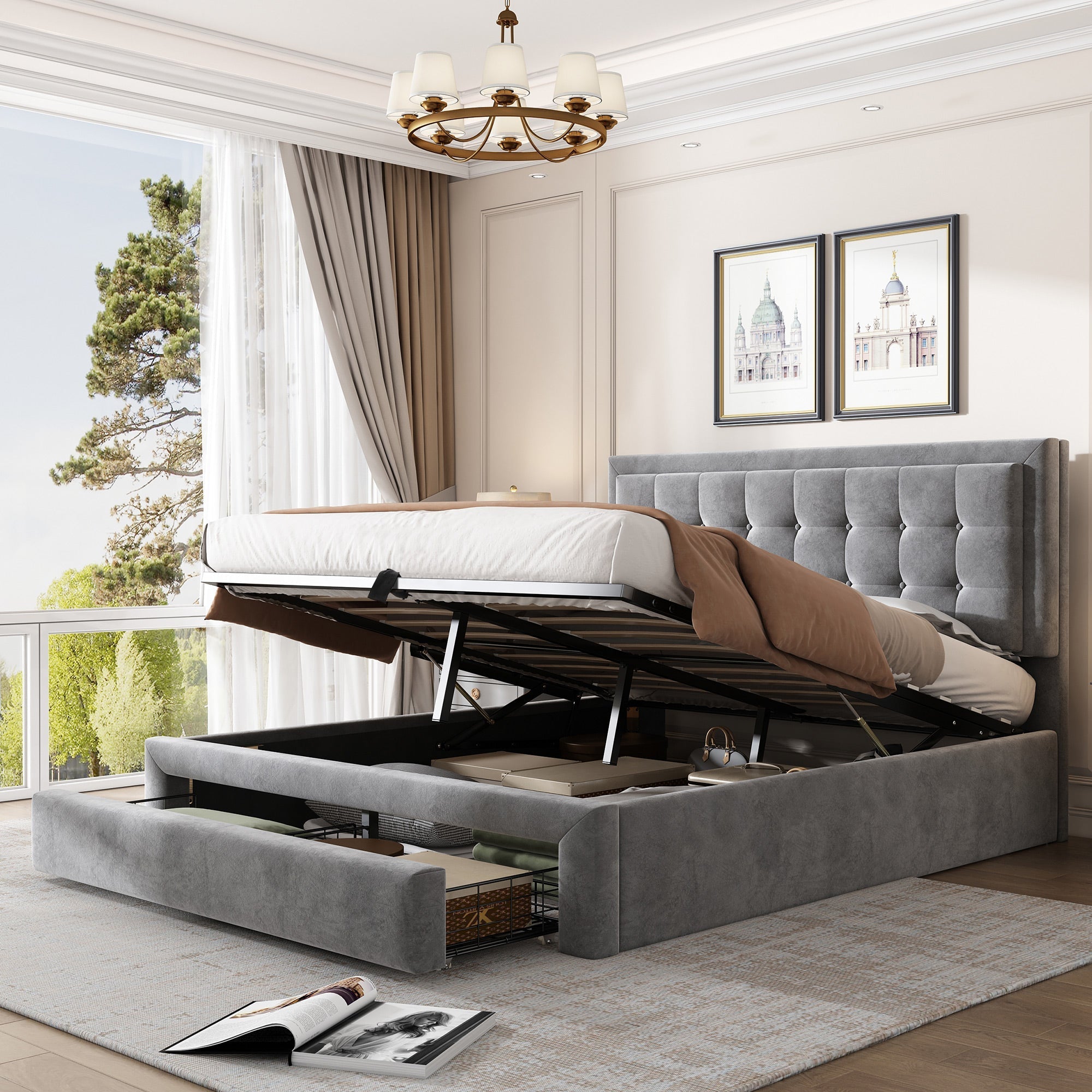 Upholstered Double Bed 140x190cm Hydraulic Storage 2 Drawers Velvet Grey