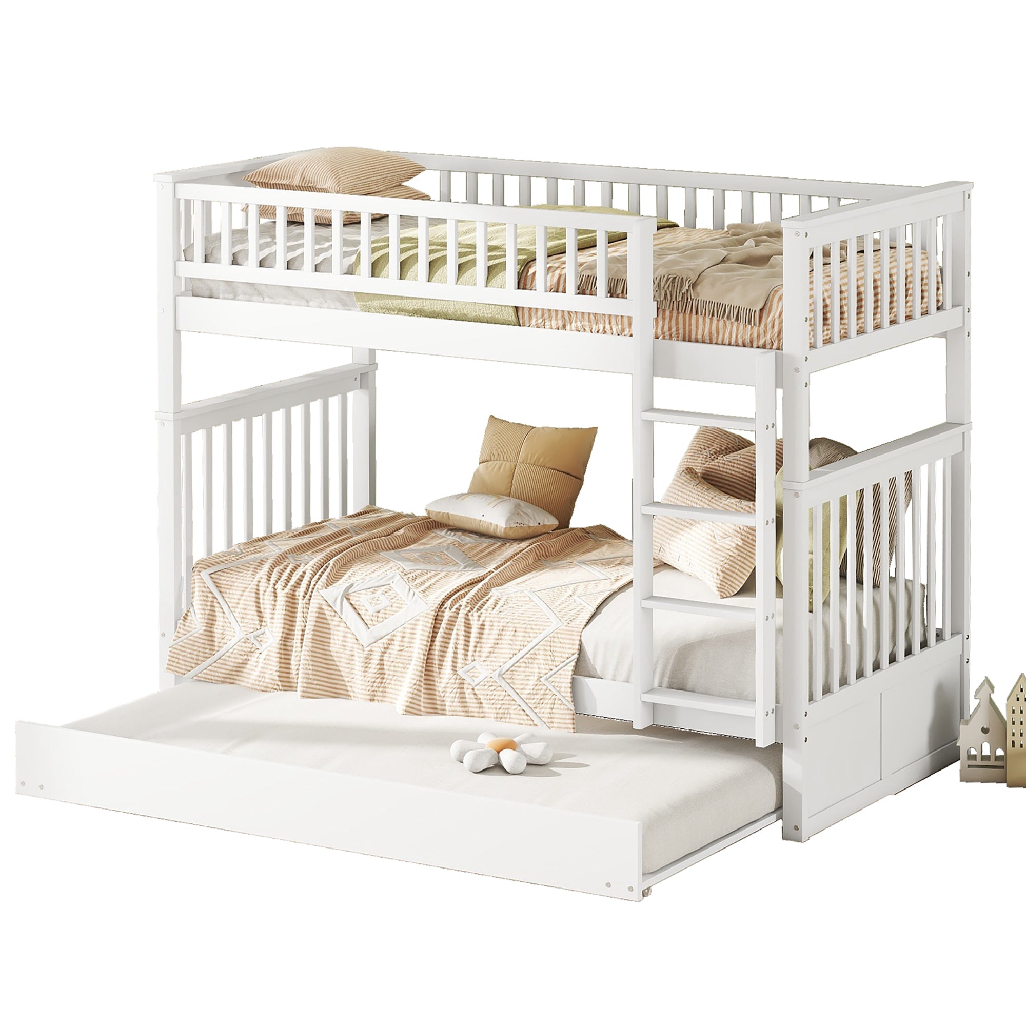 Triple Bunk Bed 90x200cm with Pull-Out Bed High Railings Sturdy Staircase White