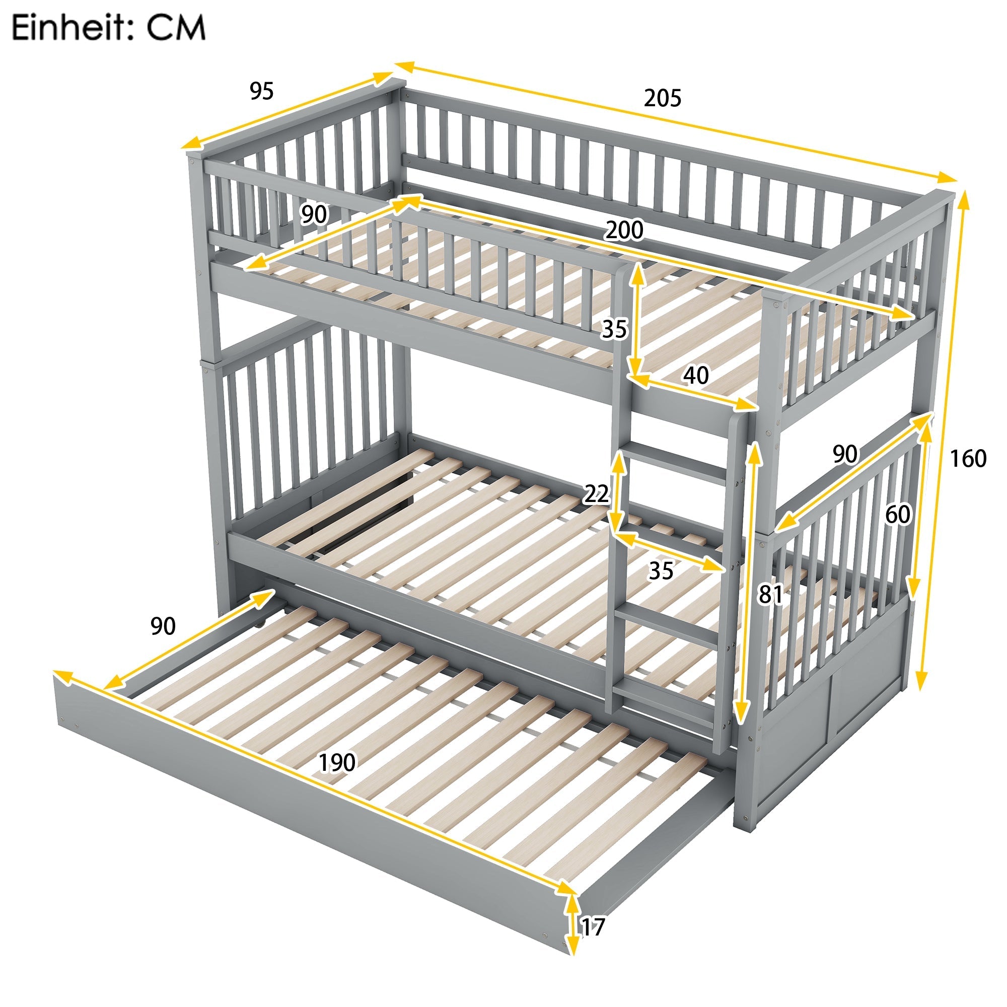 Bunk Bed Triple 90x200cm Pull-Out Bed Sturdy Stairs - Grey