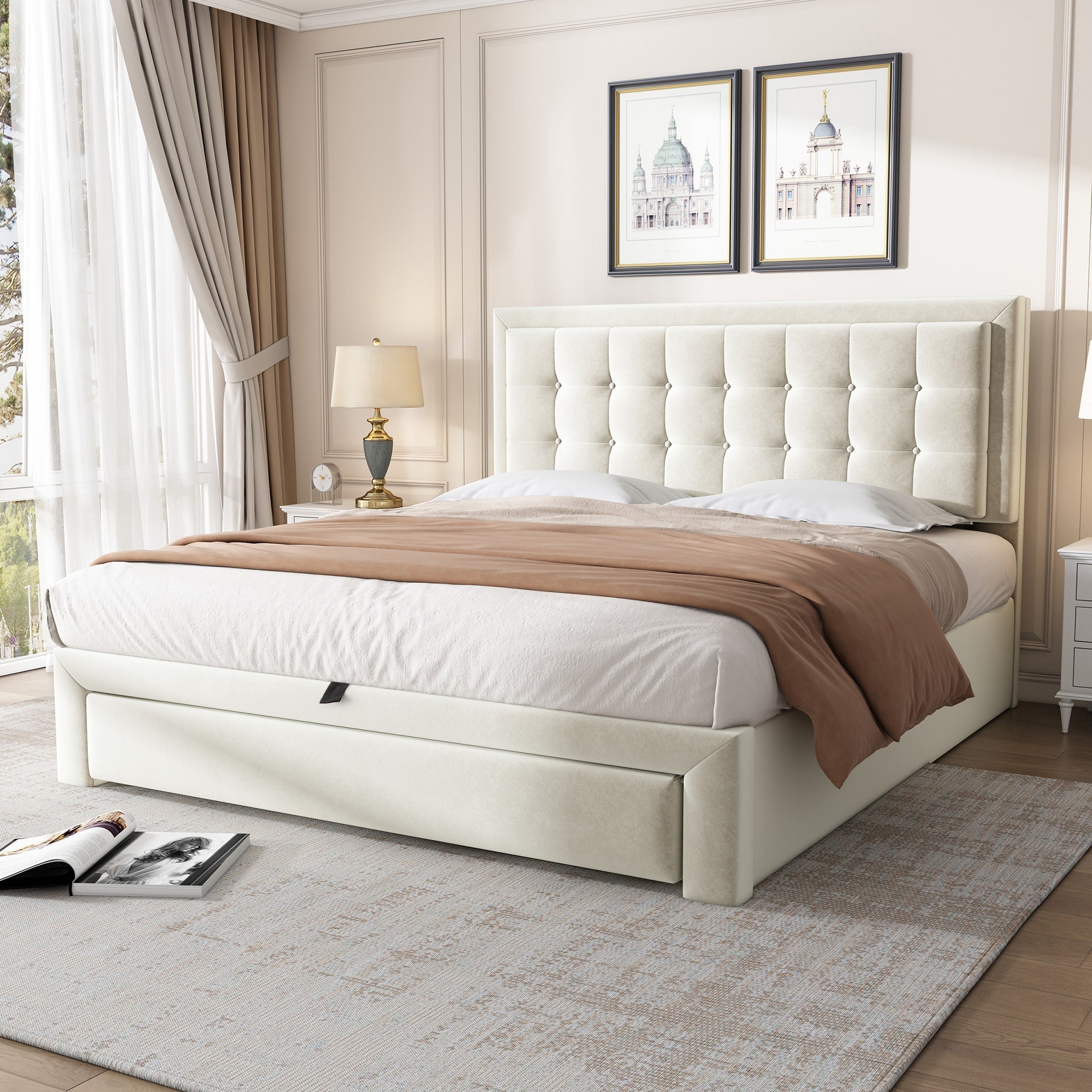 Upholstered Double Bed 140x190cm Hydraulic Storage Headboard 2 Drawers Velvet Beige