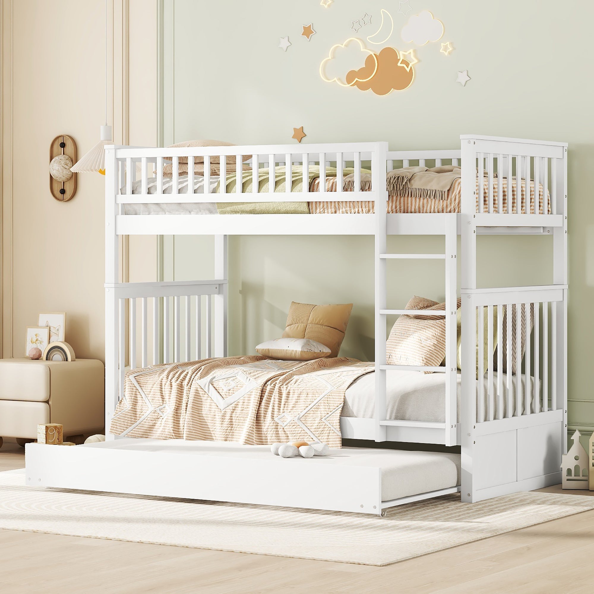 Triple Bunk Bed 90x200cm with Pull-Out Bed High Railings Sturdy Staircase White