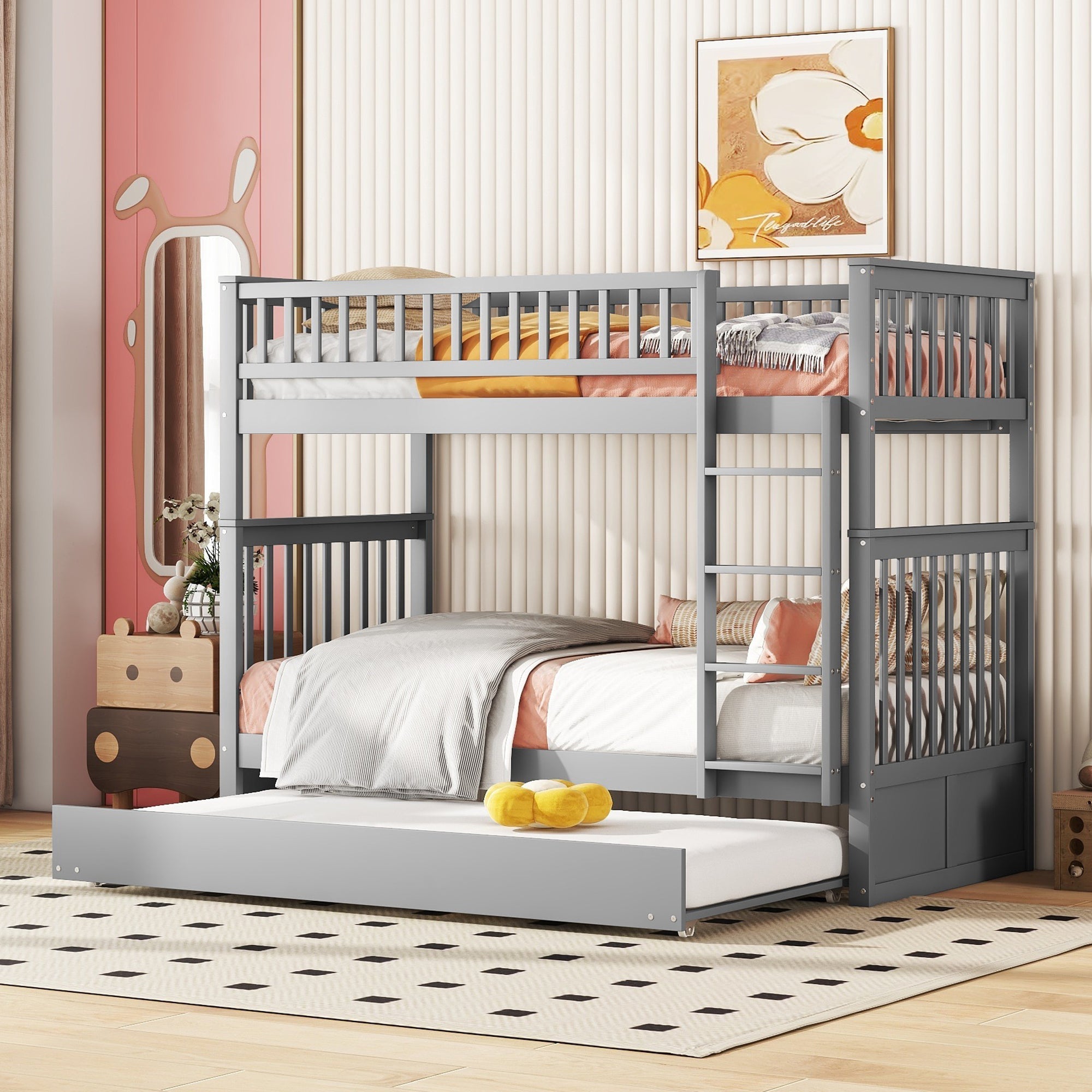 Bunk Bed Triple 90x200cm Pull-Out Bed Sturdy Stairs - Grey