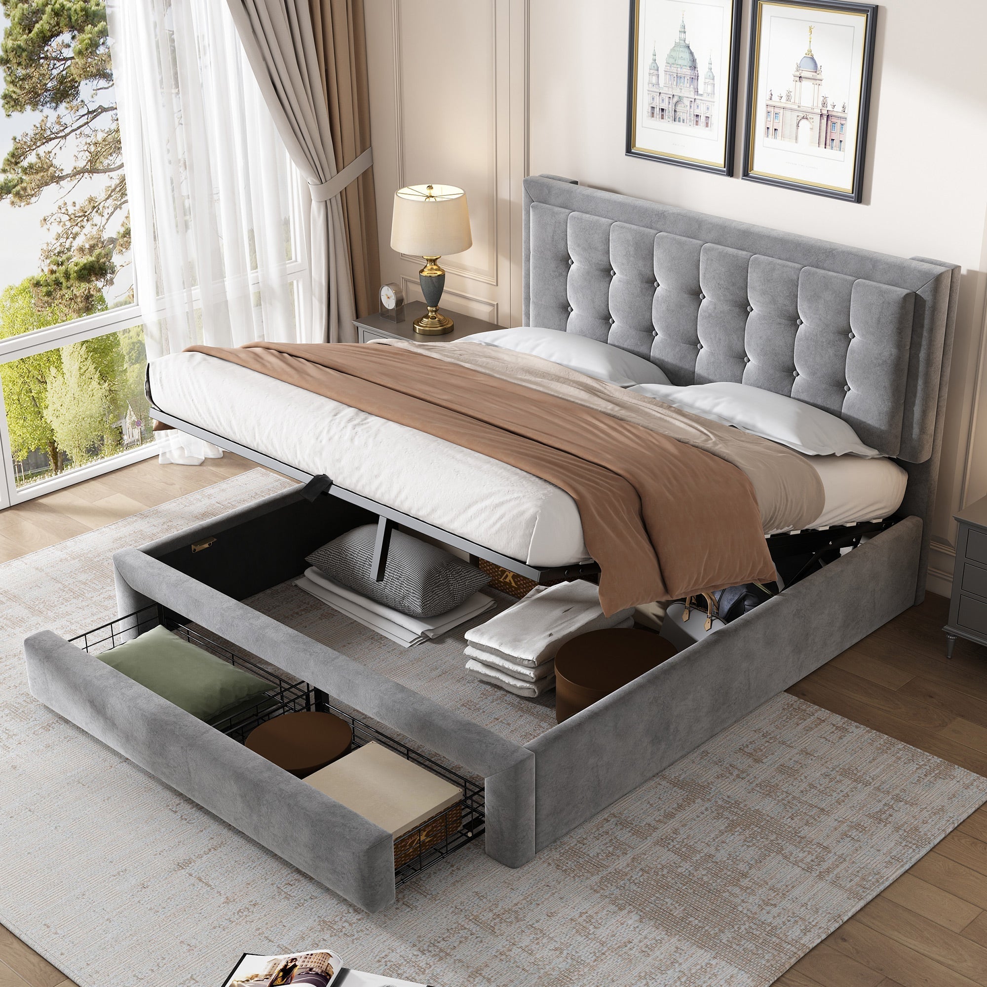 Upholstered Double Bed 140x190cm Hydraulic Storage 2 Drawers Velvet Grey