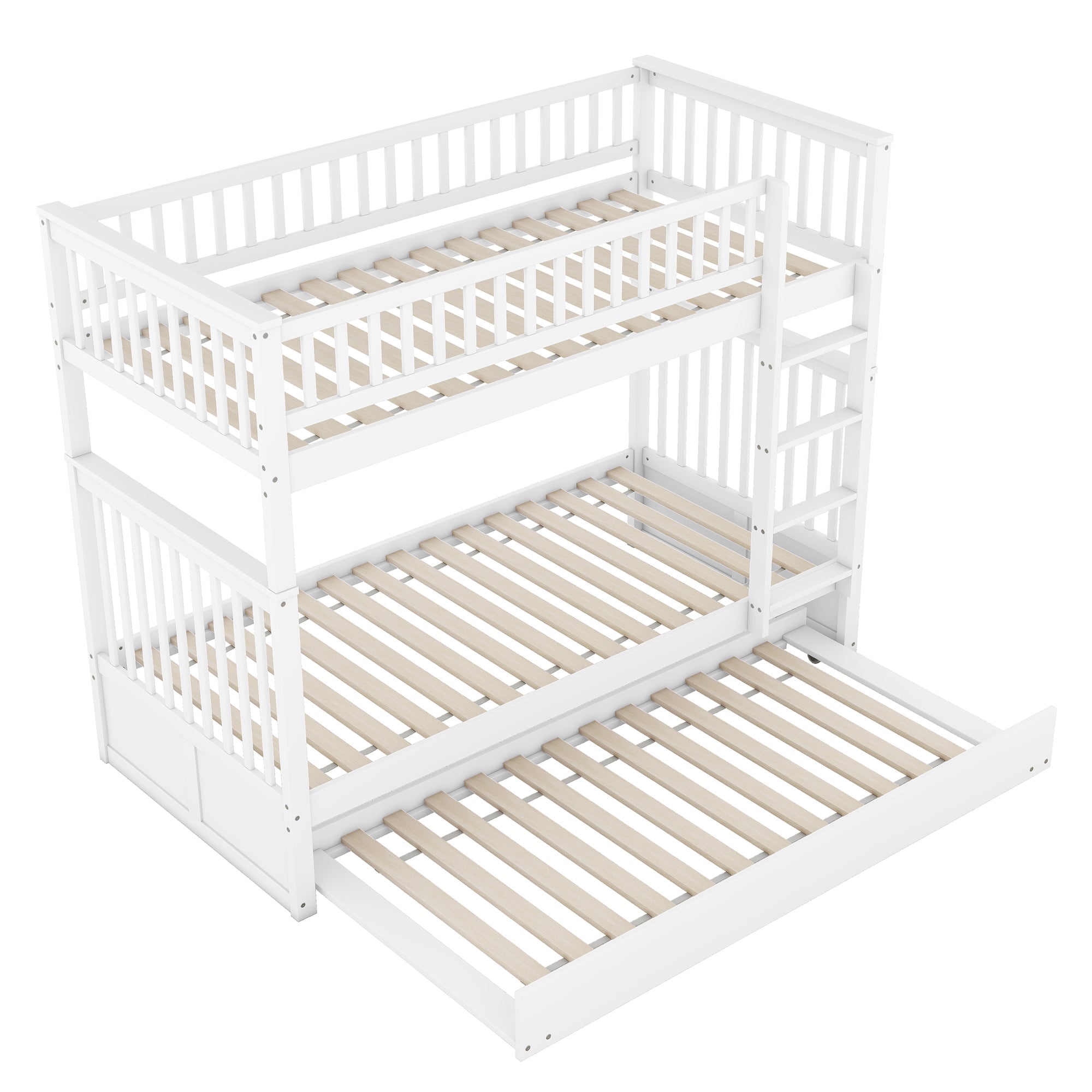 Triple Bunk Bed 90x200cm with Pull-Out Bed High Railings Sturdy Staircase White