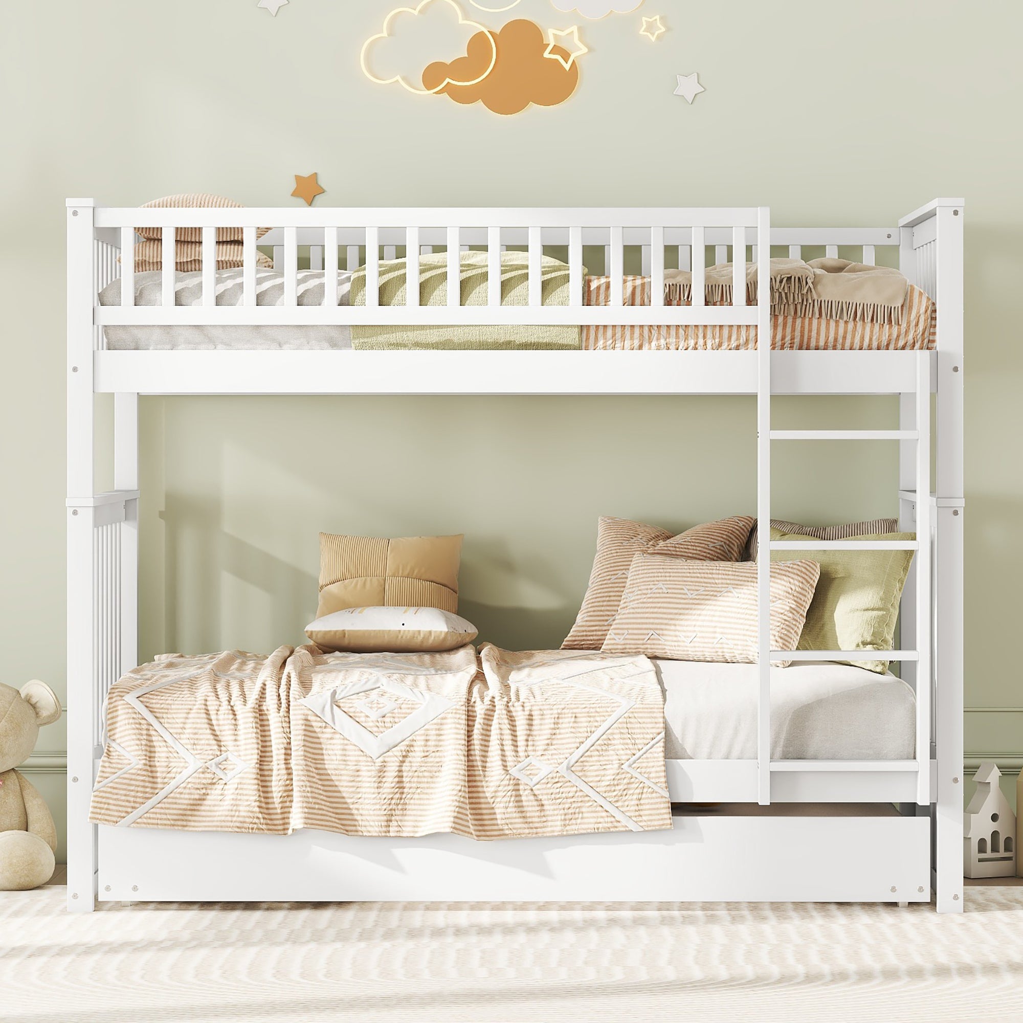 Triple Bunk Bed 90x200cm with Pull-Out Bed High Railings Sturdy Staircase White