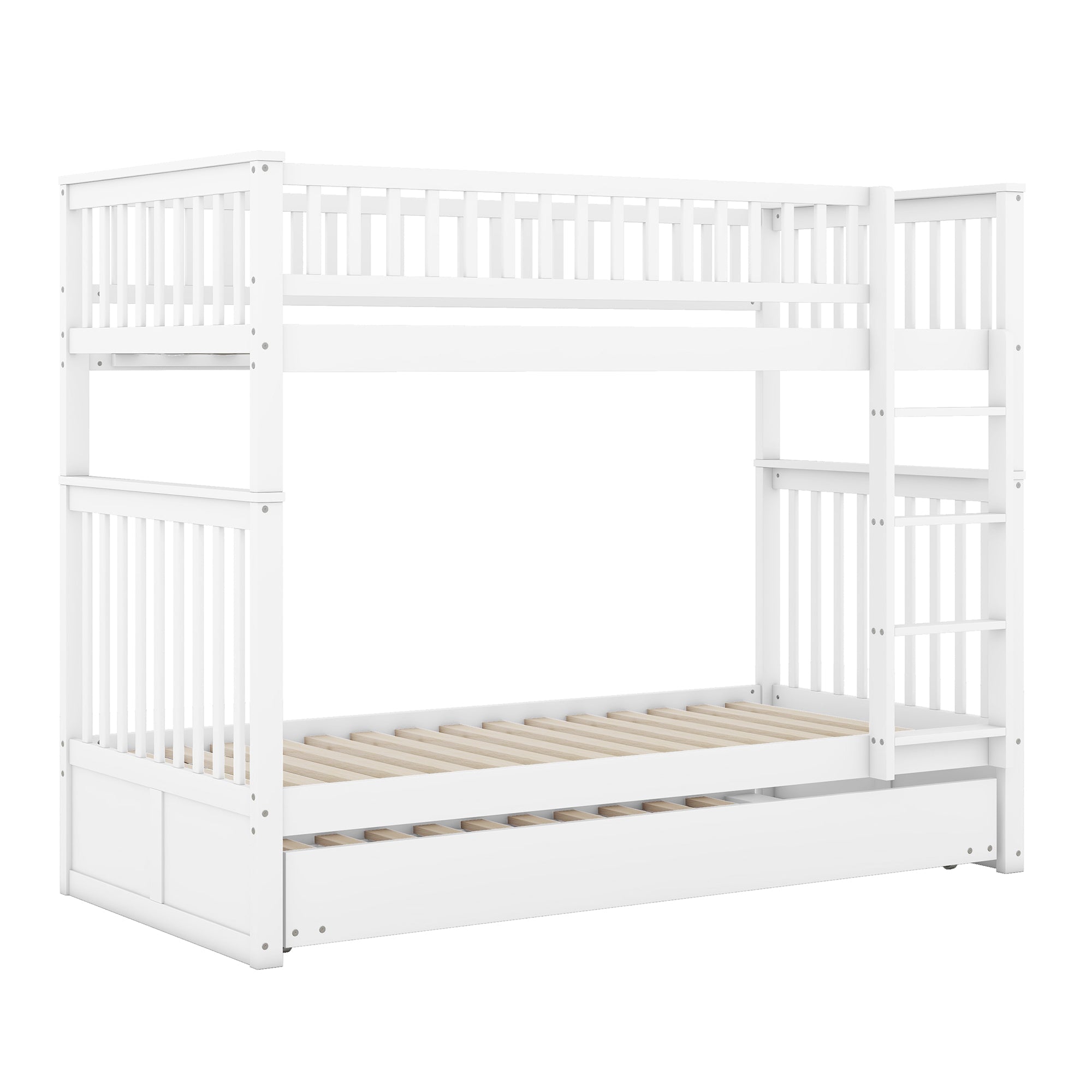 Triple Bunk Bed 90x200cm with Pull-Out Bed High Railings Sturdy Staircase White