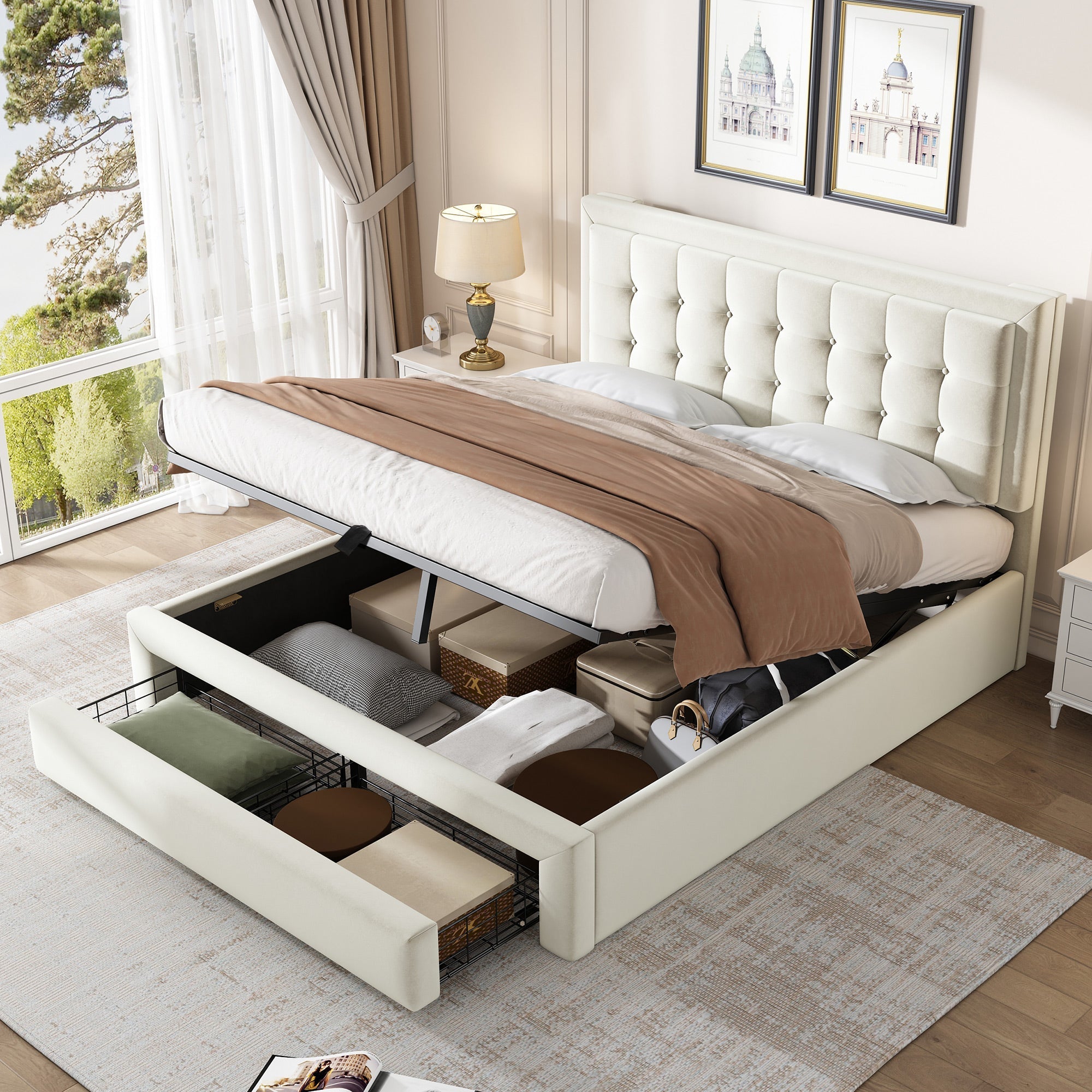Upholstered Double Bed 140x200cm Hydraulic Storage Headboard 2 Drawers - Velvet Beige