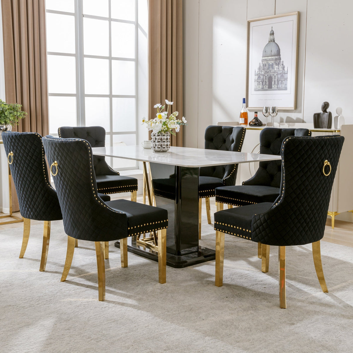 Dining Chair Set of 6 Upholstered Velvet Round Pull Ring Back Nailhead Trim Black/Gold