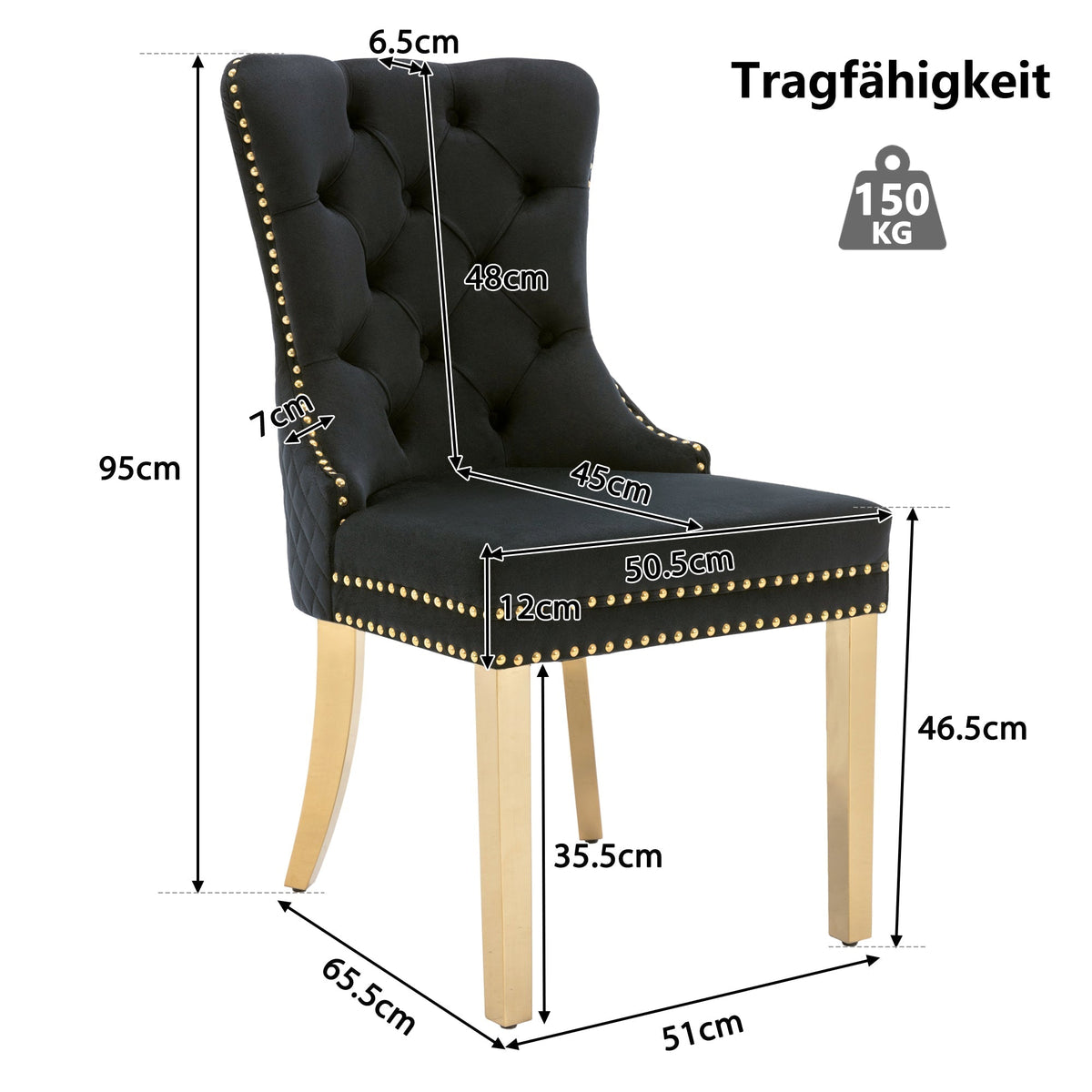 Dining Chair Set of 6 Upholstered Velvet Round Pull Ring Back Nailhead Trim Black/Gold