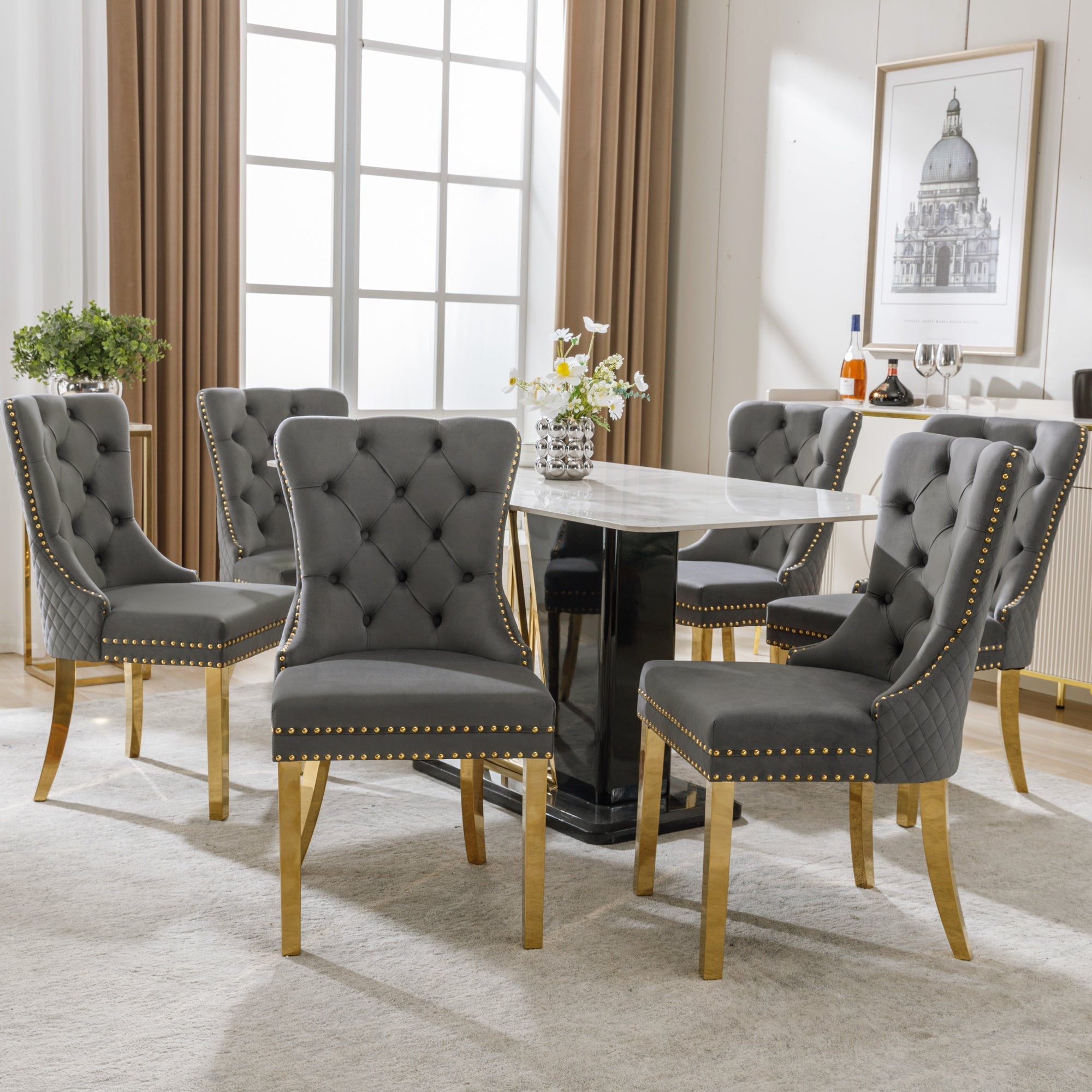 Dining Chair Set of 6 Upholstered Velvet with Ring Handle & Nailhead Trim Grey/Gold