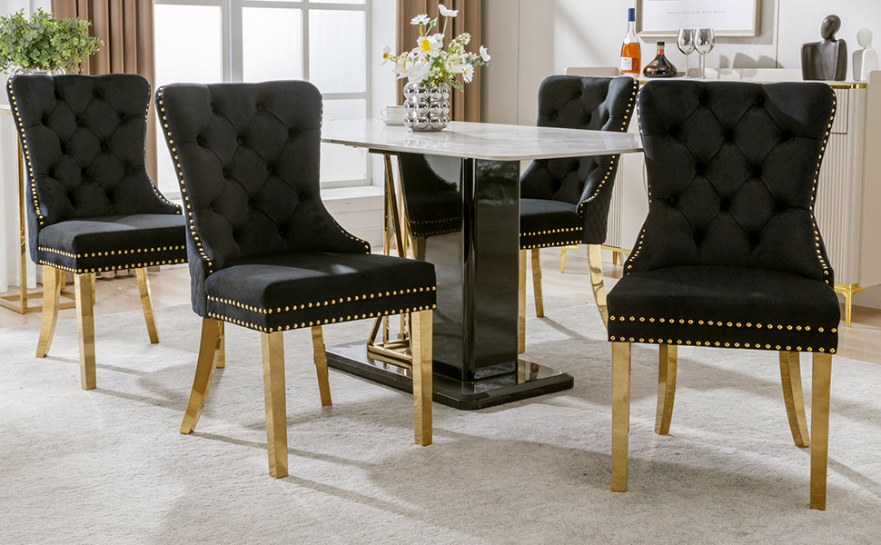 Set of 4 Dining Chairs Velvet Upholstered Round Pull Ring Nailhead Trim Black/Gold
