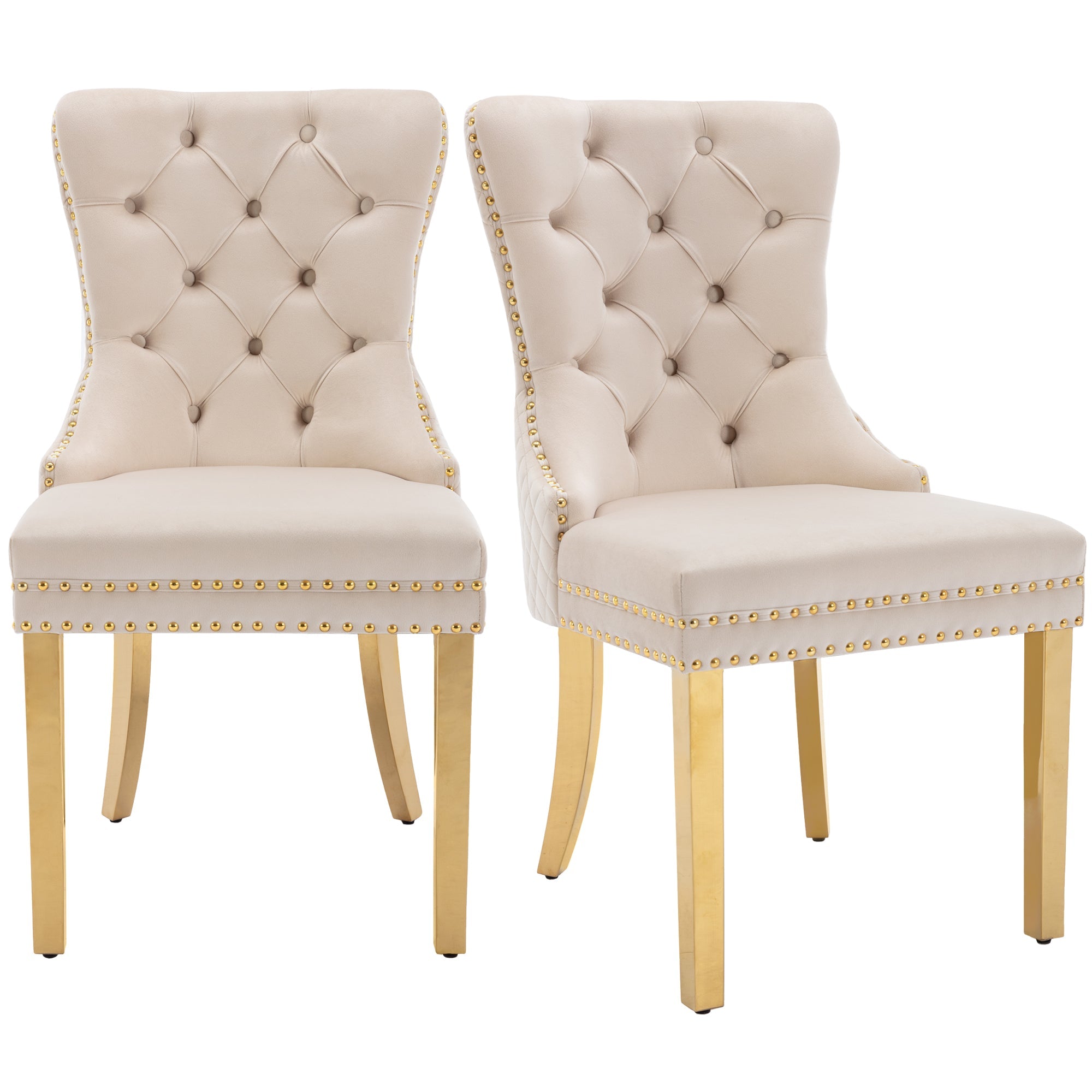 Set of 2 Dining Chairs Upholstered Door Knocker Back Gold-Plated Legs Beige Velvet/Gold