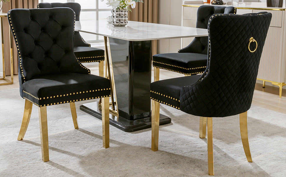 Set of 4 Dining Chairs Velvet Upholstered Round Pull Ring Nailhead Trim Black/Gold