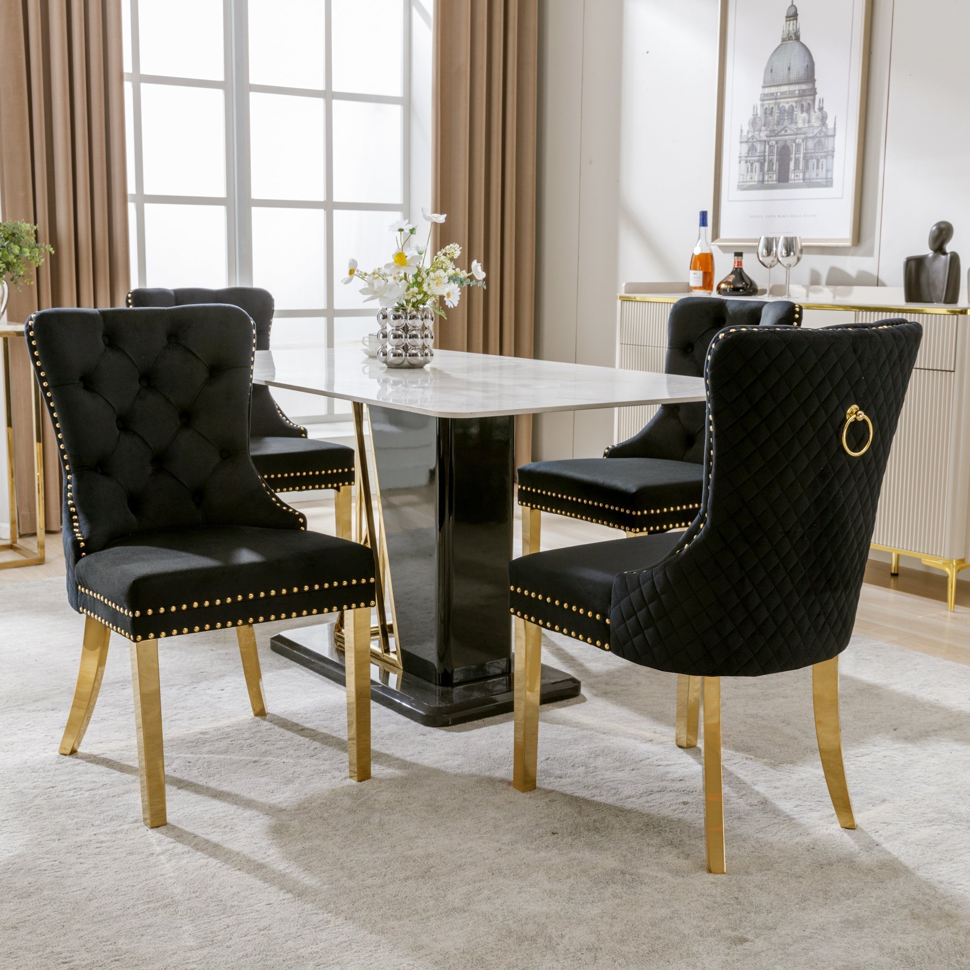 Set of 4 Dining Chairs Velvet Upholstered Round Pull Ring Nailhead Trim Black/Gold