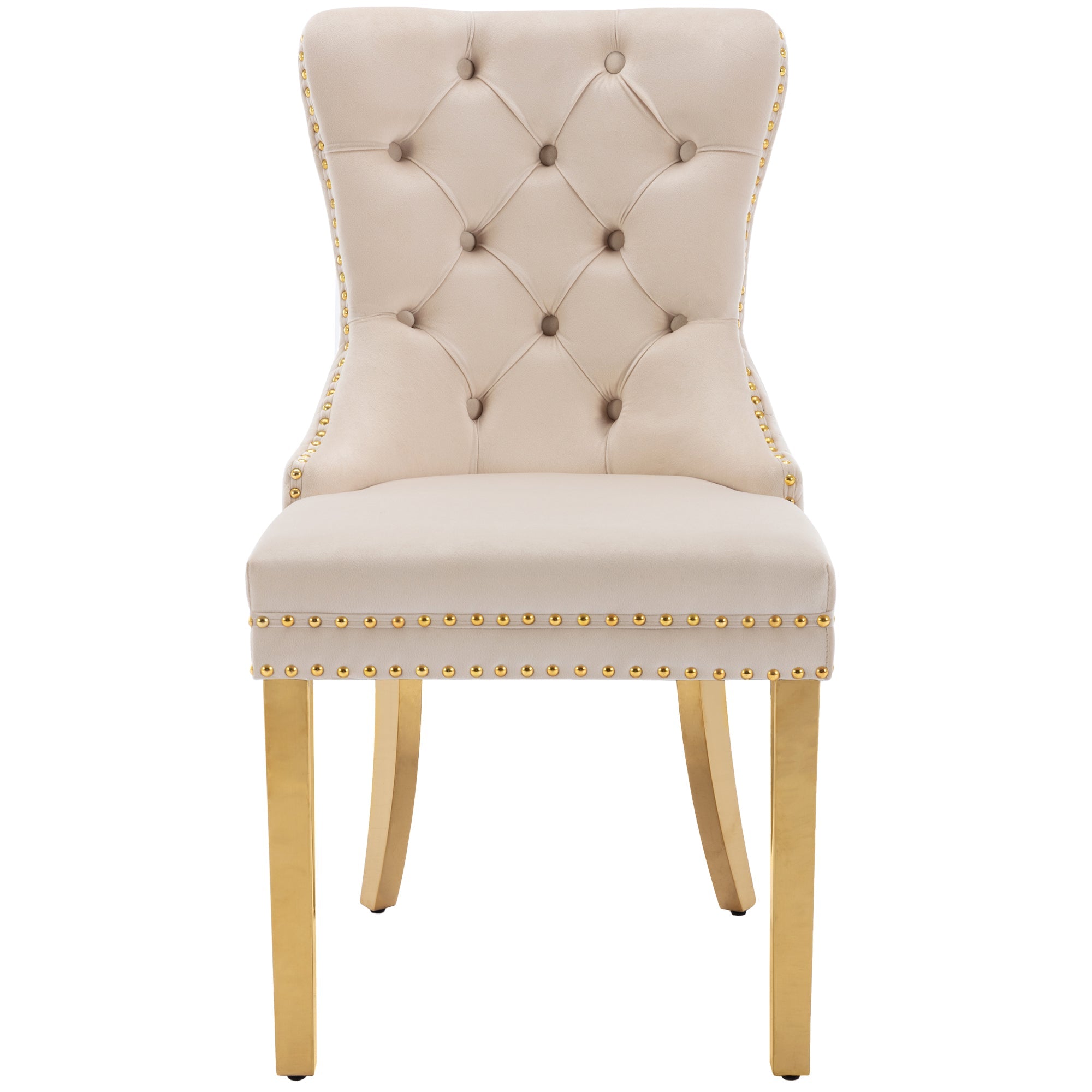 Dining Chair Set of 4 Upholstered Door Knocker Nailhead Trim Beige Velvet/Gold