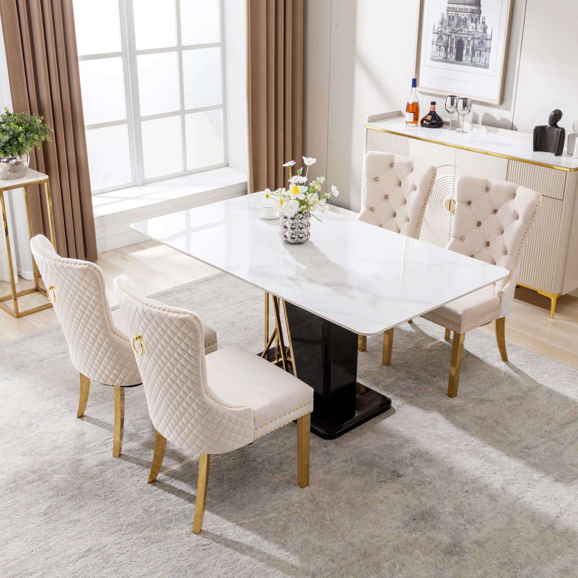 Dining Chair Set of 4 Upholstered Door Knocker Nailhead Trim Beige Velvet/Gold