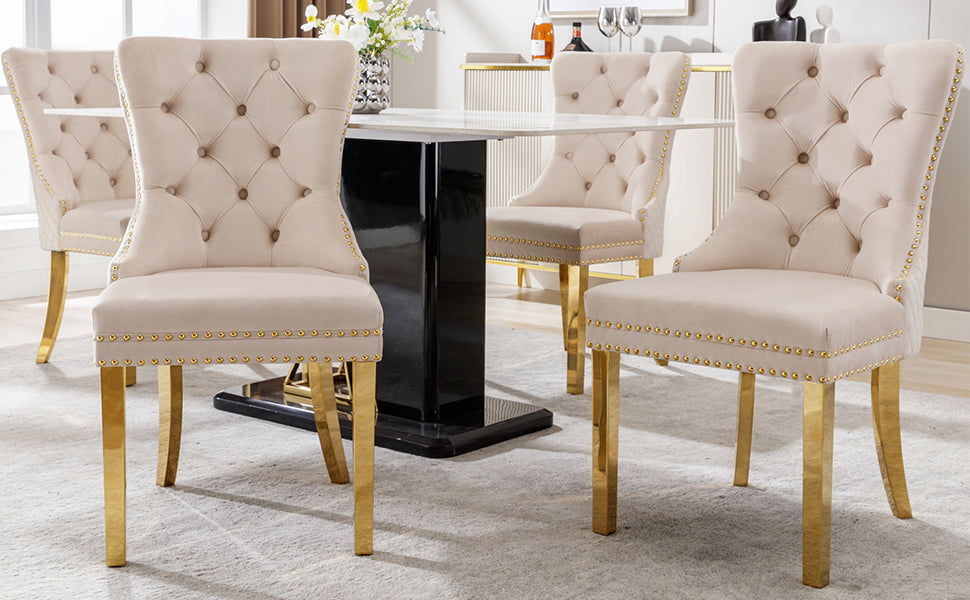 Dining Chair Set of 4 Upholstered Door Knocker Nailhead Trim Beige Velvet/Gold