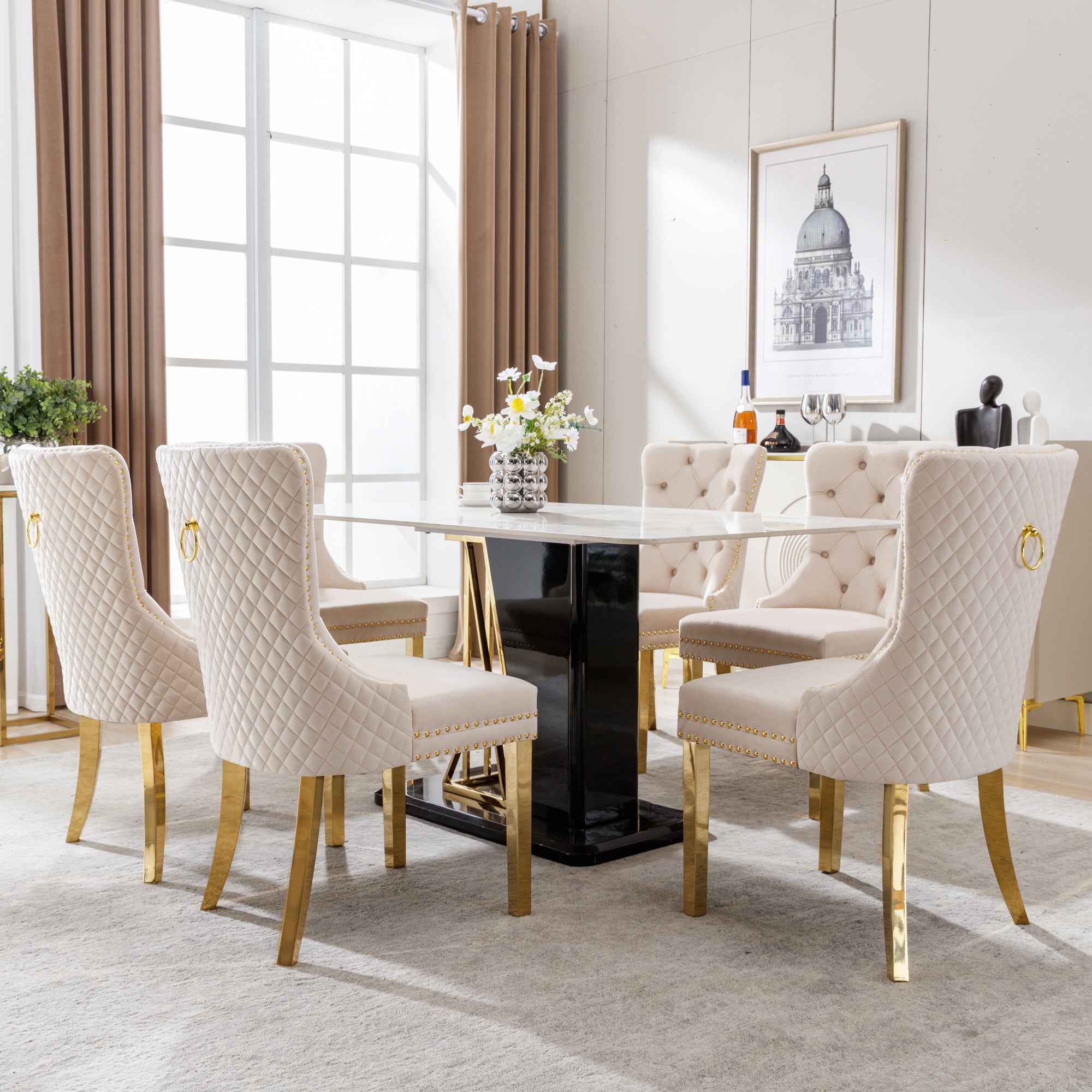 Dining Chair Set of 6 Upholstered Door Knocker Back Gold-Plated Legs Beige Velvet/Gold