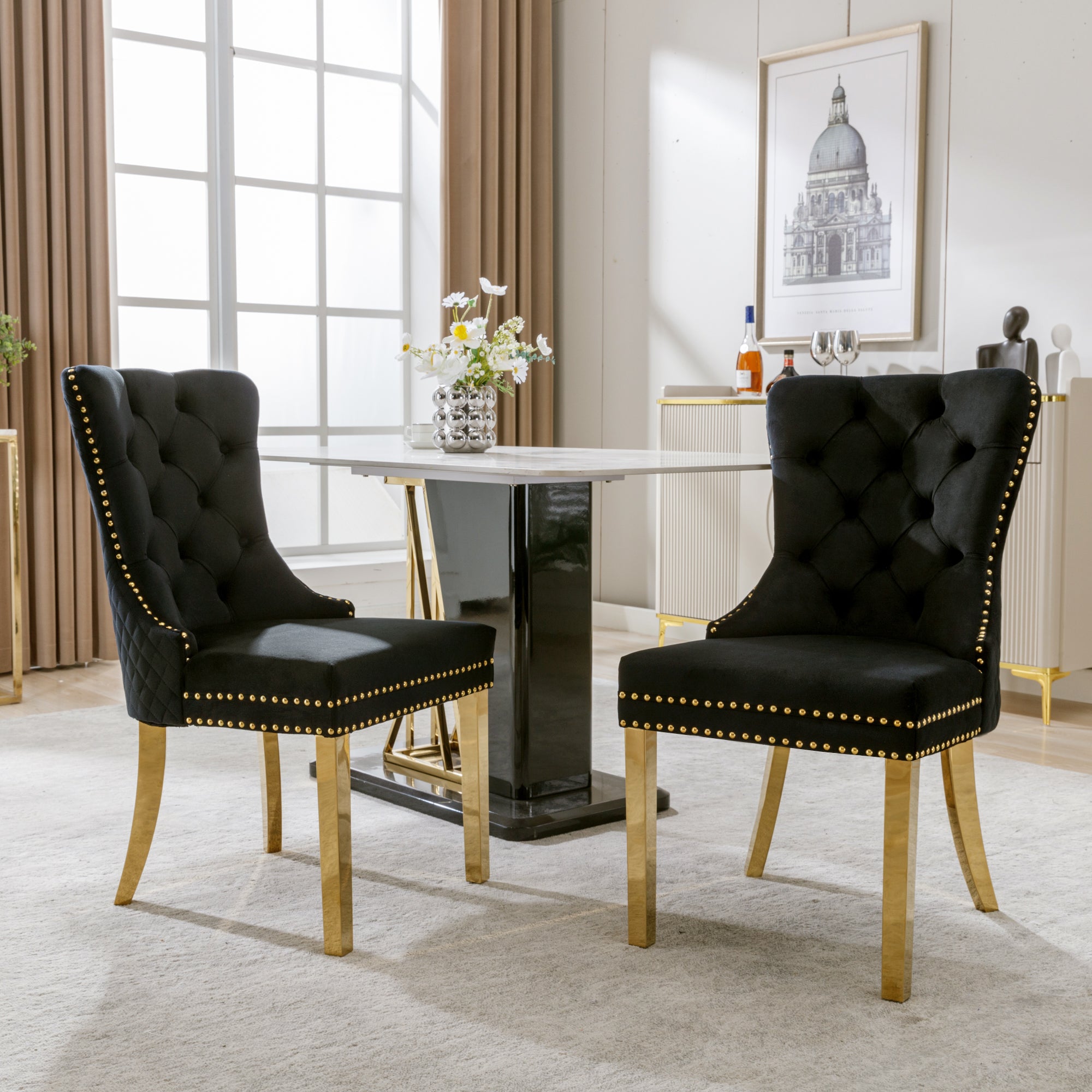 Dining Chair Set of 2 Upholstered Velvet Round Pull Ring Back Nailhead Trim Black/Gold