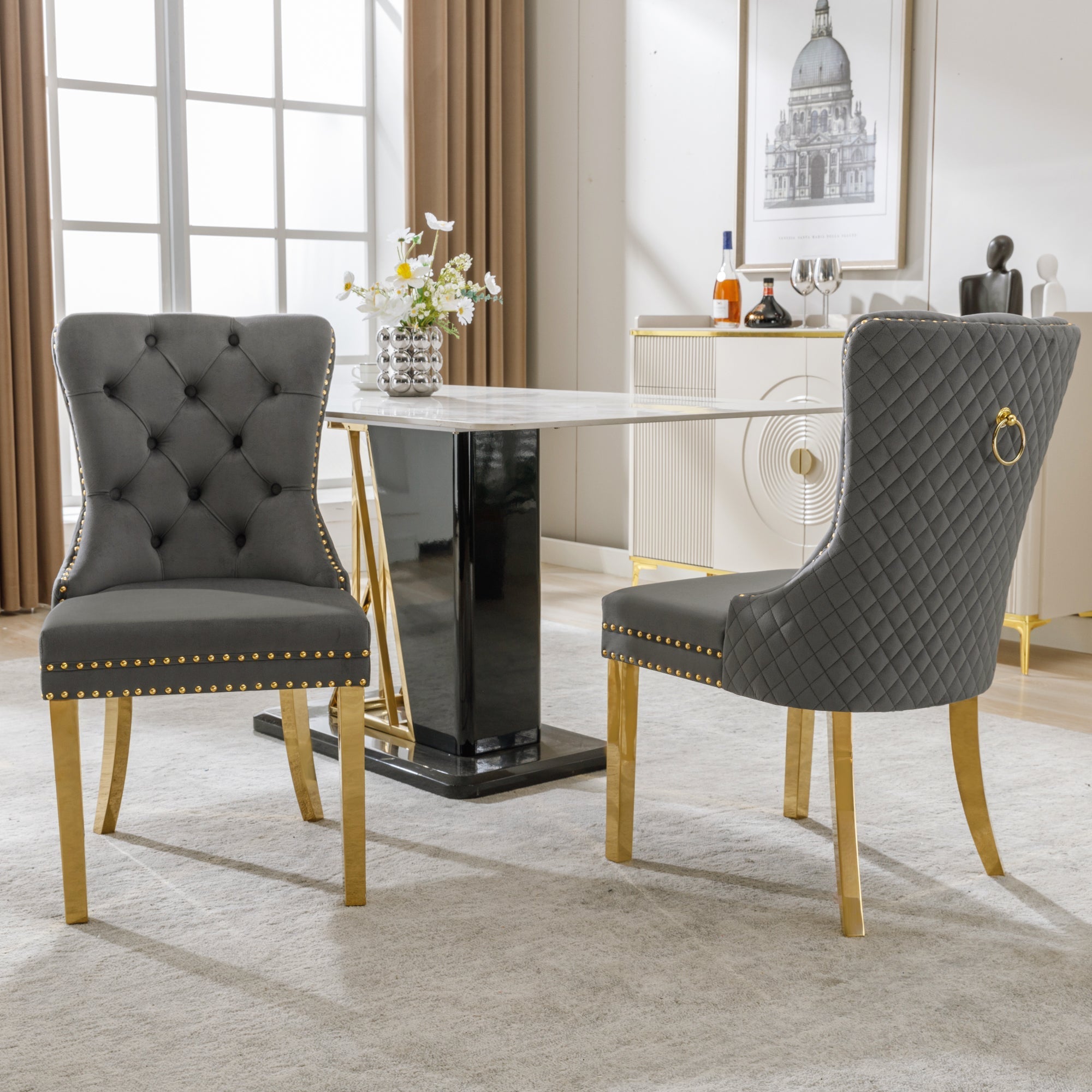 Dining Chair Set of 2 Upholstered Round Pull Ring Back Nailhead Trim Gold-Plated Stainless Steel Grey Velvet/Gold