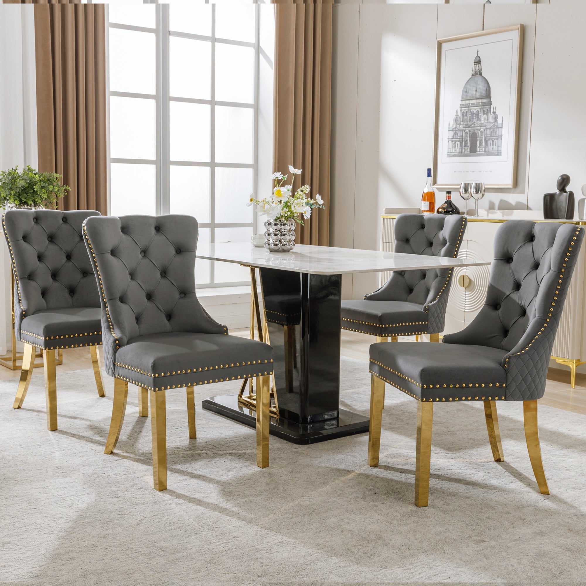 4 Dining Chairs Velvet Upholstered Round Pull Ring Back Gold Legs - Grey/Gold