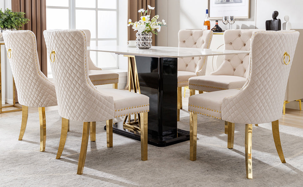 Dining Chair Set of 6 Upholstered Door Knocker Back Gold-Plated Legs Beige Velvet/Gold