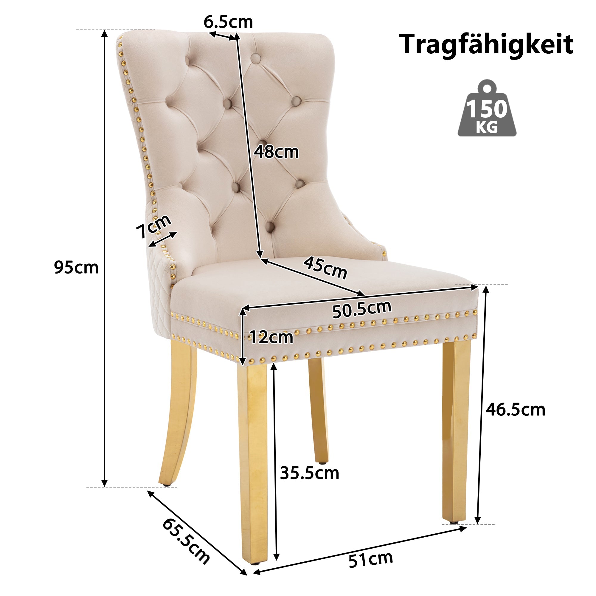 Dining Chair Set of 6 Upholstered Door Knocker Back Gold-Plated Legs Beige Velvet/Gold