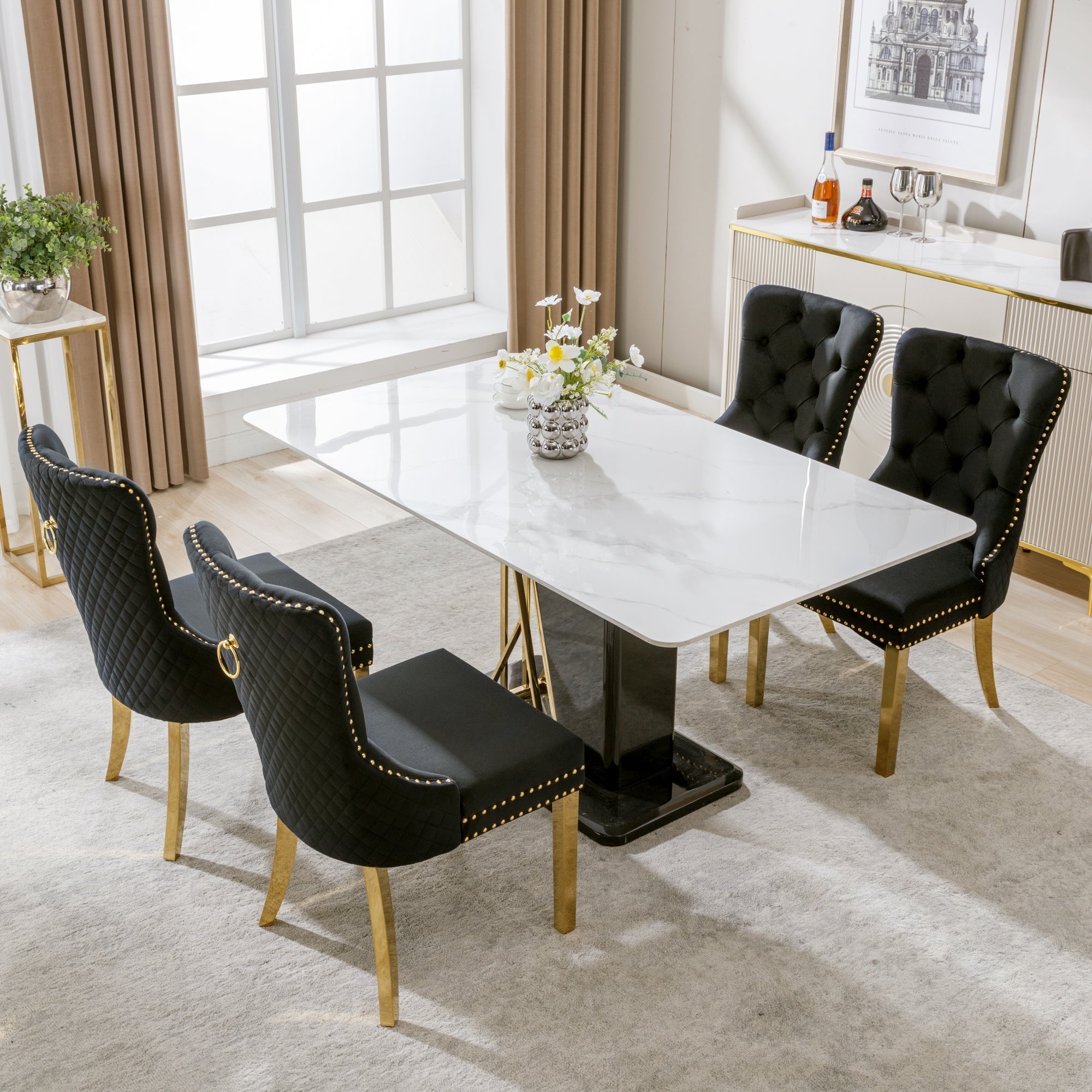 Set of 4 Dining Chairs Velvet Upholstered Round Pull Ring Nailhead Trim Black/Gold